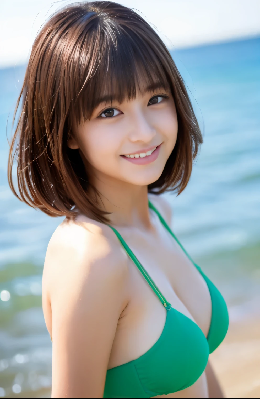 table top, highest quality, figure, super detailed, finely, High resolution, 8k wallpaper, 完璧なダイナミックな構figure, cute beautiful girl、、teen girl、、pat shoulders、beautiful and fine eyes,small face、neat girl、Slender、light green bandeau bikini, natural color lip,beach, cute pose, brown hair、straight hair、bob cut、bangs bangs、flowing bangs,beautiful big breasts,cleavage,Slender body type、 smile,wet body,wet chest, wet hair