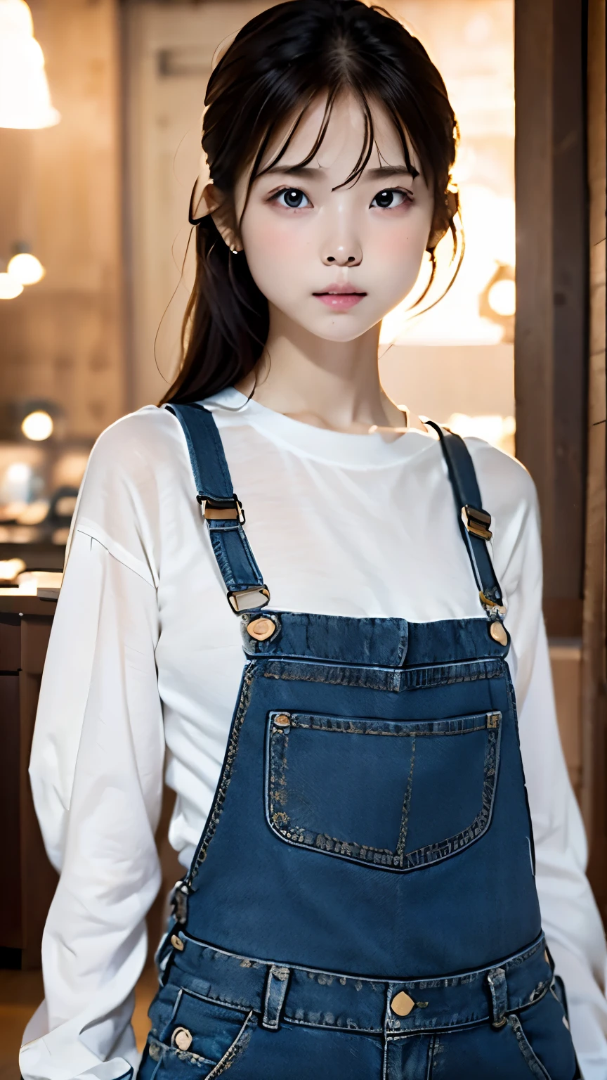 white shirt、Denim's overalls、perfect anatomy、