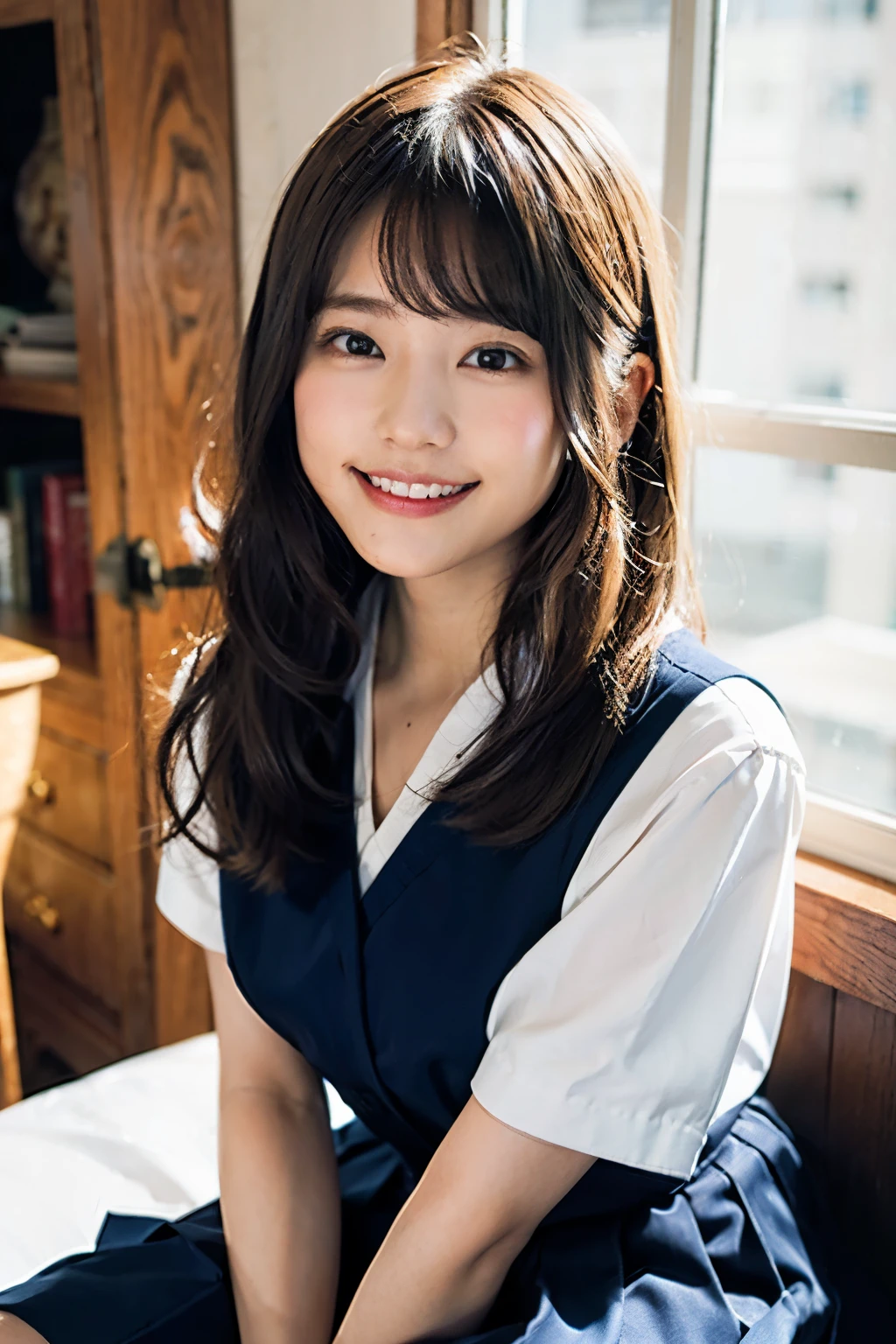 (8K、Raw photography、top-quality、​masterpiece:1.2)、(realisitic、Photorealsitic:1.37)、ultra-detailliert、超A high resolution、1 girl、see the beholder、beautifull detailed face、A smile、Constriction、(Slim waist) :1.3)、Beautiful detailed skin、Skin Texture、Floating hair、Professional Lighting、Whole human body、Longhaire、a blond、japanese hight school uniform、a sailor suit、Bob Hair、E-cup、Happy smile、sixteen years old、Red ribbons、a baby face、Childish smile、Suppin、Moisturizing lips、Thin pink lips、Dark blue skirt、Dark blue knee-high socks、white thighhig、Healthy body、full bodyesbian, incredibly absurd, almost naked