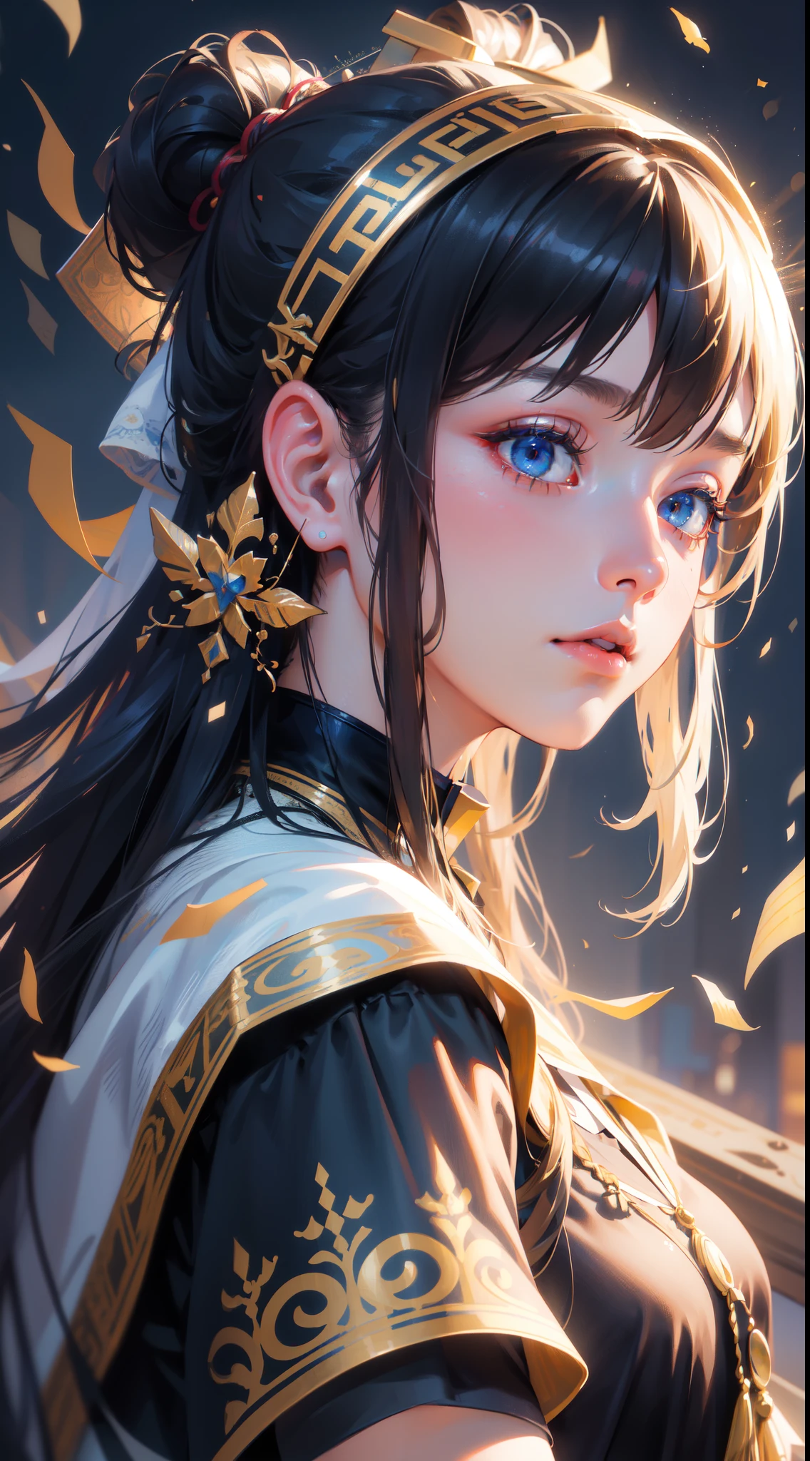 (RAW photo, best quality), (realistic, photo-realistic:1.3),best quality,highly detailed,masterpiece,ultra-detailed,illustration,1girl,upper_body,dynamic angle,world masterpiece theater,messy_long_hair,best quality,extremely detailed CG unity 8k wallpaper,ink,Amazing,cinematic lighting,lens_flare, dunhuang_style