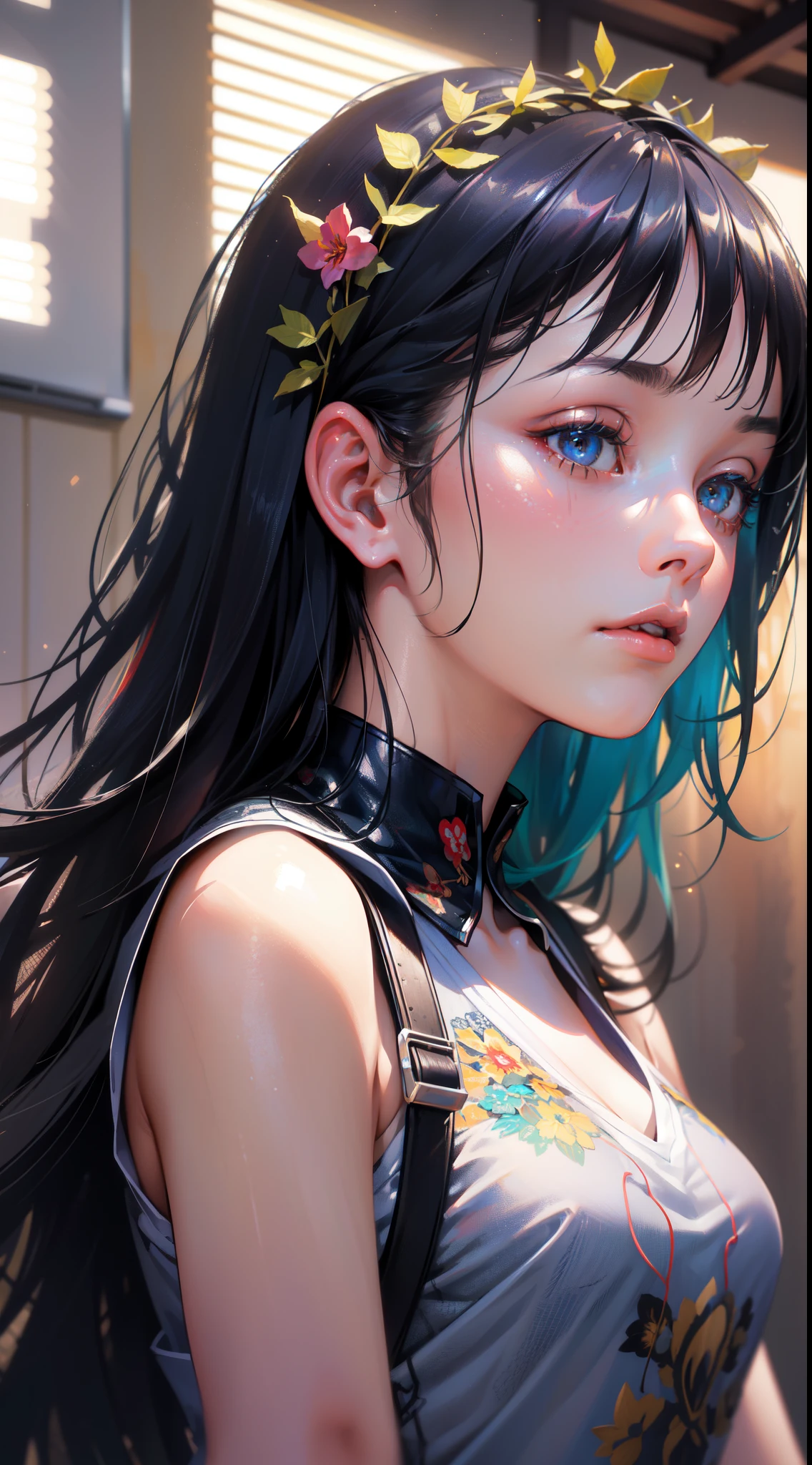 (RAW photo, best quality), (realistic, photo-realistic:1.3),best quality,highly detailed,masterpiece,ultra-detailed,illustration,1girl,upper_body,dynamic angle,world masterpiece theater,messy_long_hair,best quality,extremely detailed CG unity 8k wallpaper,ink,Amazing,cinematic lighting,lens_flare, dunhuang_style