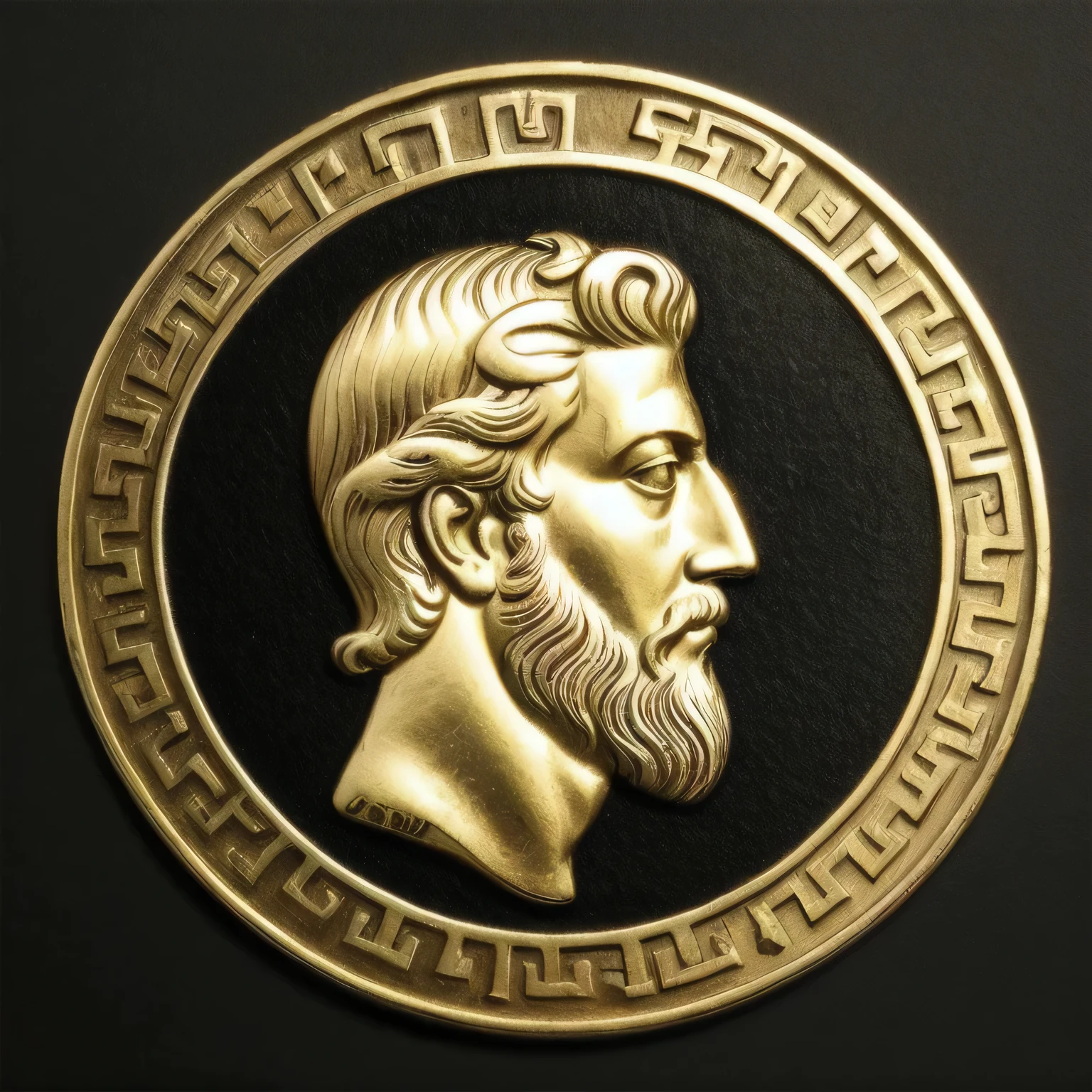 draw me a company logo, drawn, company brand, greek, Marcus Aurelius based, circular, gold, Marcus Aurelius side view, Marcus Aurelius as company brand logo, blackk background