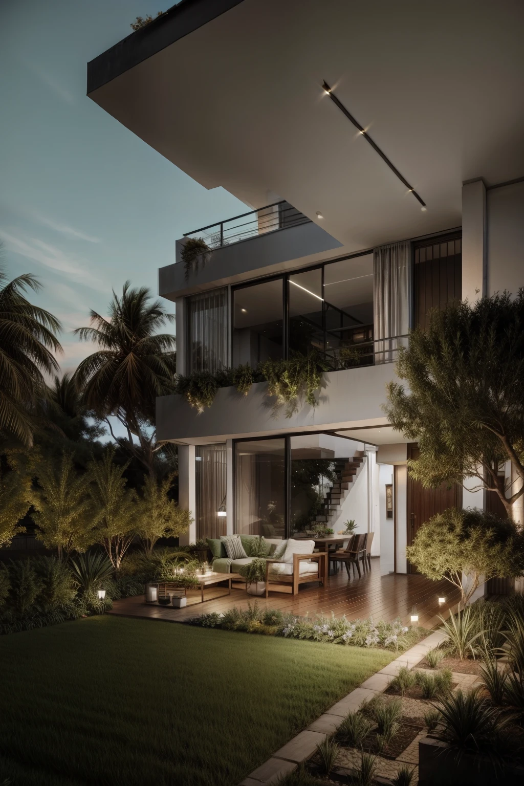 add garden lights, day light , Balcony with many green trees