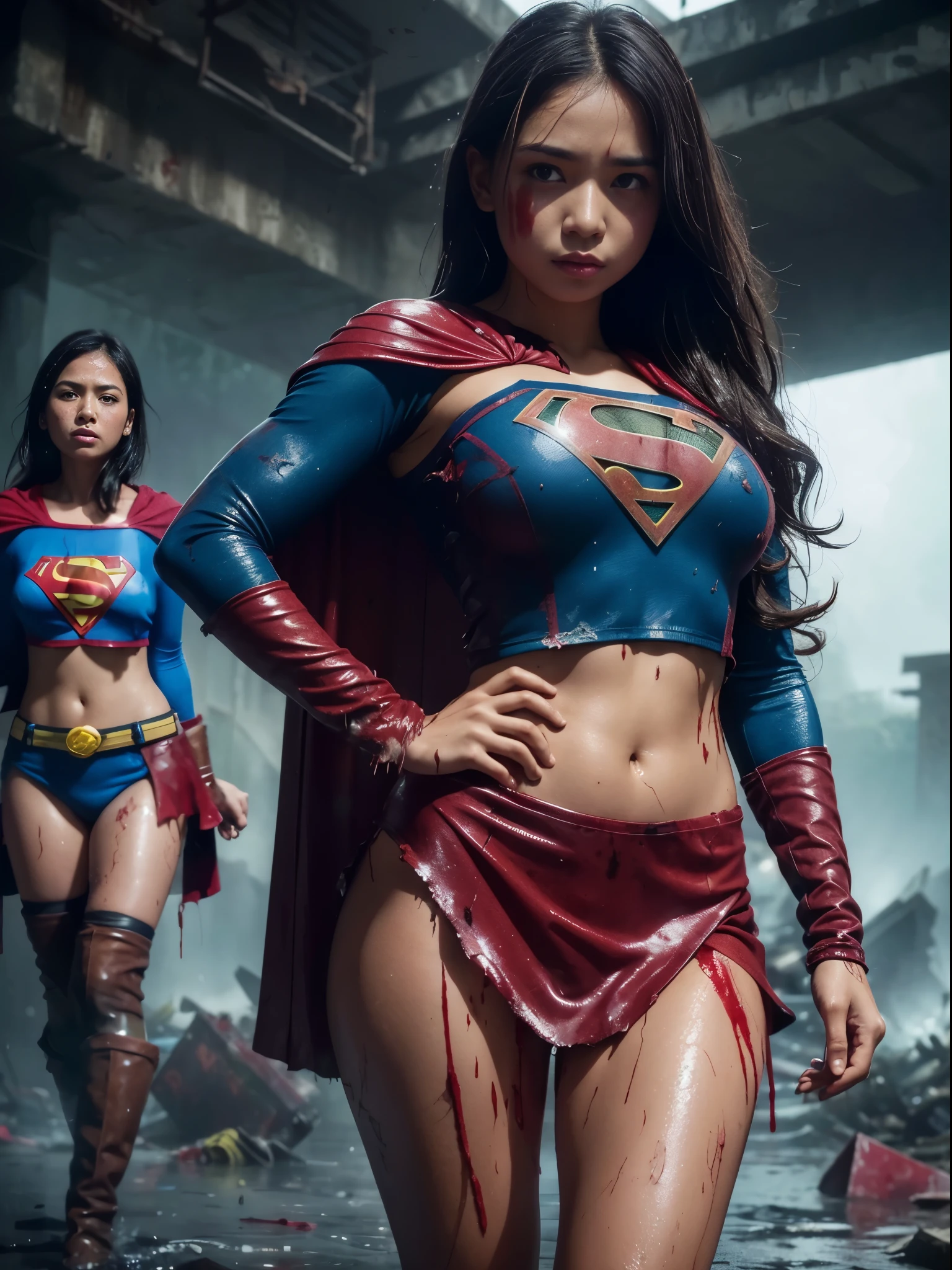 ((high resolution)), ((gorgeous Indonesia woman age 33)), freckled, , blushing cheeks, wavy hair, large breasts, as a slutty Supergirl, (carrying knives), Supergirl clothes ripped, torn, shredded), (super girl covered in blood, soaked, wet, soaking), (lost of blood), (face angry), walking with anger and craving, (eyes livid), (epic background of a dystopian hell)