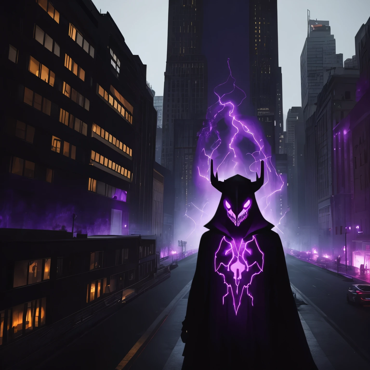 Super hero, black outfit, white dear skull mask, purple flames coming from the eye wholes, dark rainy city, standing onto of building, shadow creature coming from his shadow