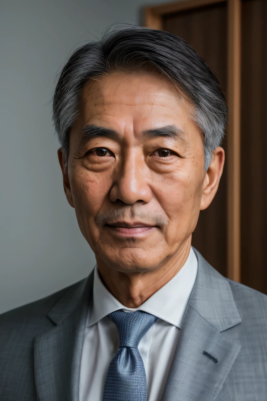 Handsome 65 year old Japanese man, (high detail: 1 1), 荒れたface, first natural, high quality, NSFW, beautiful eyes, (face e olhos detalhados), (face: 1 2), noise, Extra, real photos, PSD, lamp film photography, sharp focus, contrast lighting, fine skin, high resolution 8k, crazy details, realist, professional photography, 8k UHD, Single-lens reflex camera, soft lighting, high quality, film grain, Fujifilm XT3,wear a suit,calm expression,The background is a hospital room.