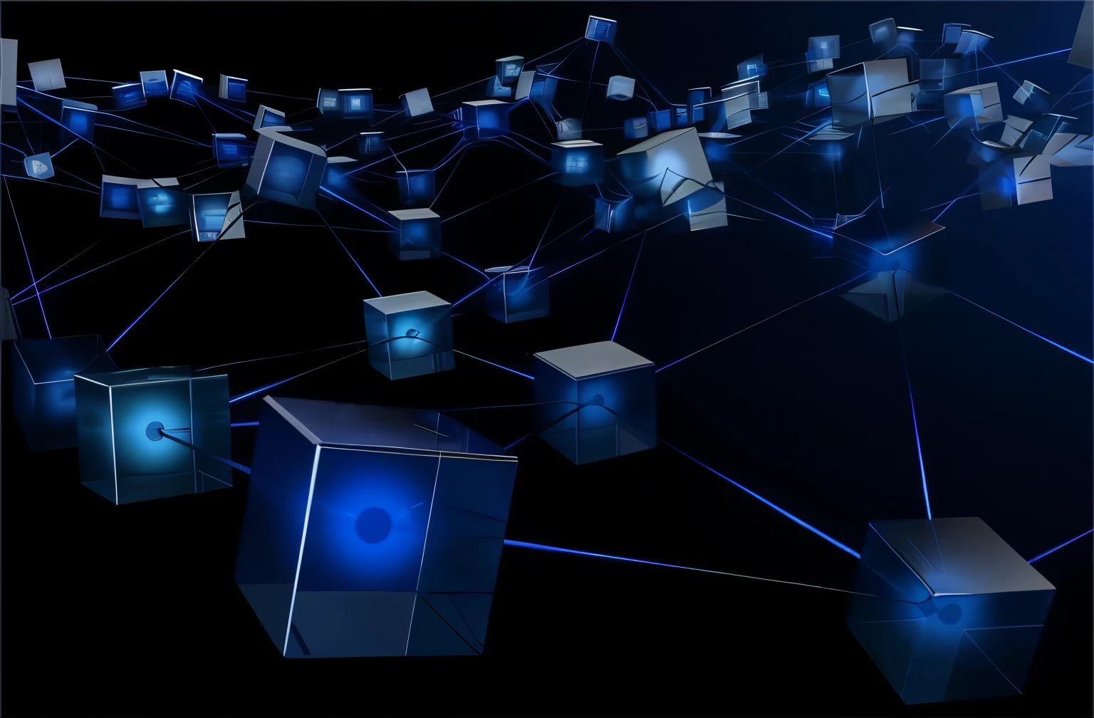 arafed image of a bunch of cube connected to each other, digital nodes, Blockchain, computer generated, immersed within a Internet, screensaver, connectivity, Internet, tesseract, The art of math, The art of math, cube, digital rendering, bioluminescent hypercube, on dark background, particles floating, Connectivity