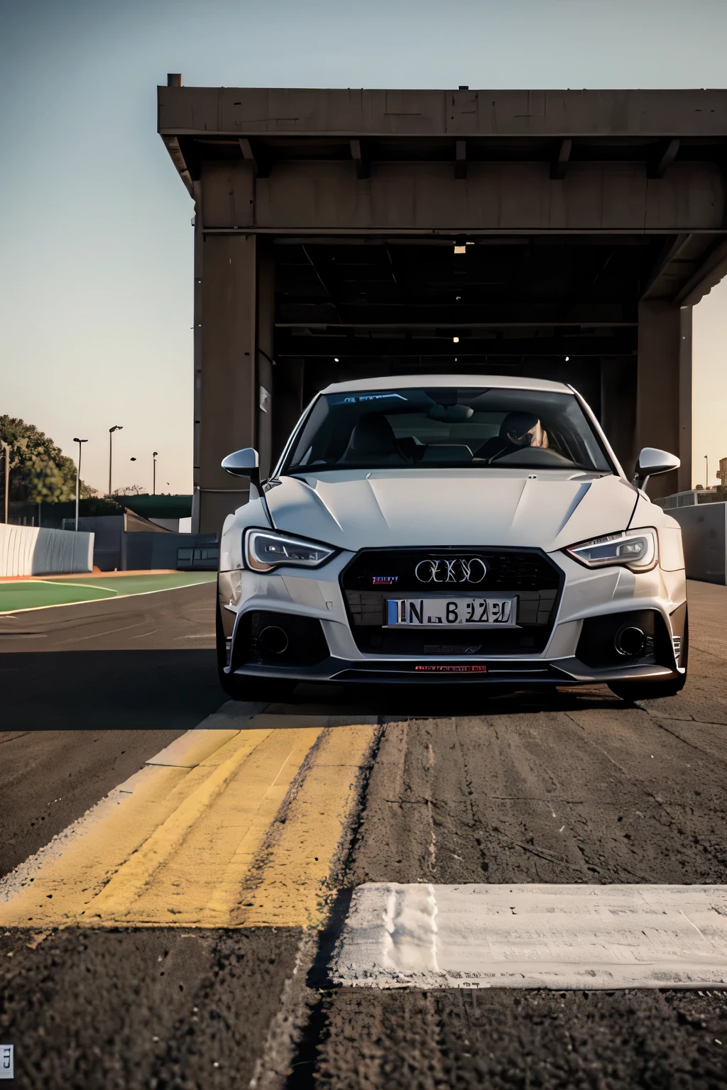 create a hyper-realistic image of the audi rs3 rms racing version parked on a race track with the sunset in the background
