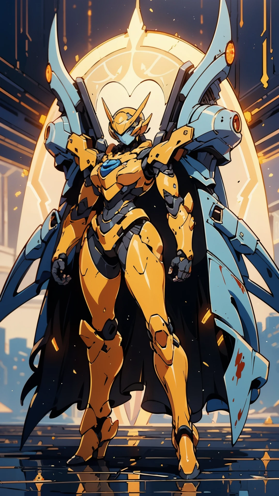 A woman adorned in fantasy-style full-body armor, a crown-concept fully enclosed helmet that unveils only her eyes, a composite layered chest plate, fully encompassing shoulder and hand guards, a lightweight waist armor, form-fitting shin guards, the overall design is heavy-duty yet flexible, ((the armor gleams with a golden glow, complemented by red and blue accents)), exhibiting a noble aura, she floats above a fantasy-surreal high-tech city, this character embodies a finely crafted fantasy-surreal style armored hero in anime style, exquisite and mature manga art style, (Queen bee mixed with Spider concept Armor, plasma, blood), ((Element, energy, elegant, goddess, femminine:1.5)), metallic, high definition, best quality, highres, ultra-detailed, ultra-fine painting, extremely delicate, professional, anatomically correct, symmetrical face, extremely detailed eyes and face, high quality eyes, creativity, RAW photo, UHD, 32k, Natural light, cinematic lighting, masterpiece-anatomy-perfect, masterpiece:1.5