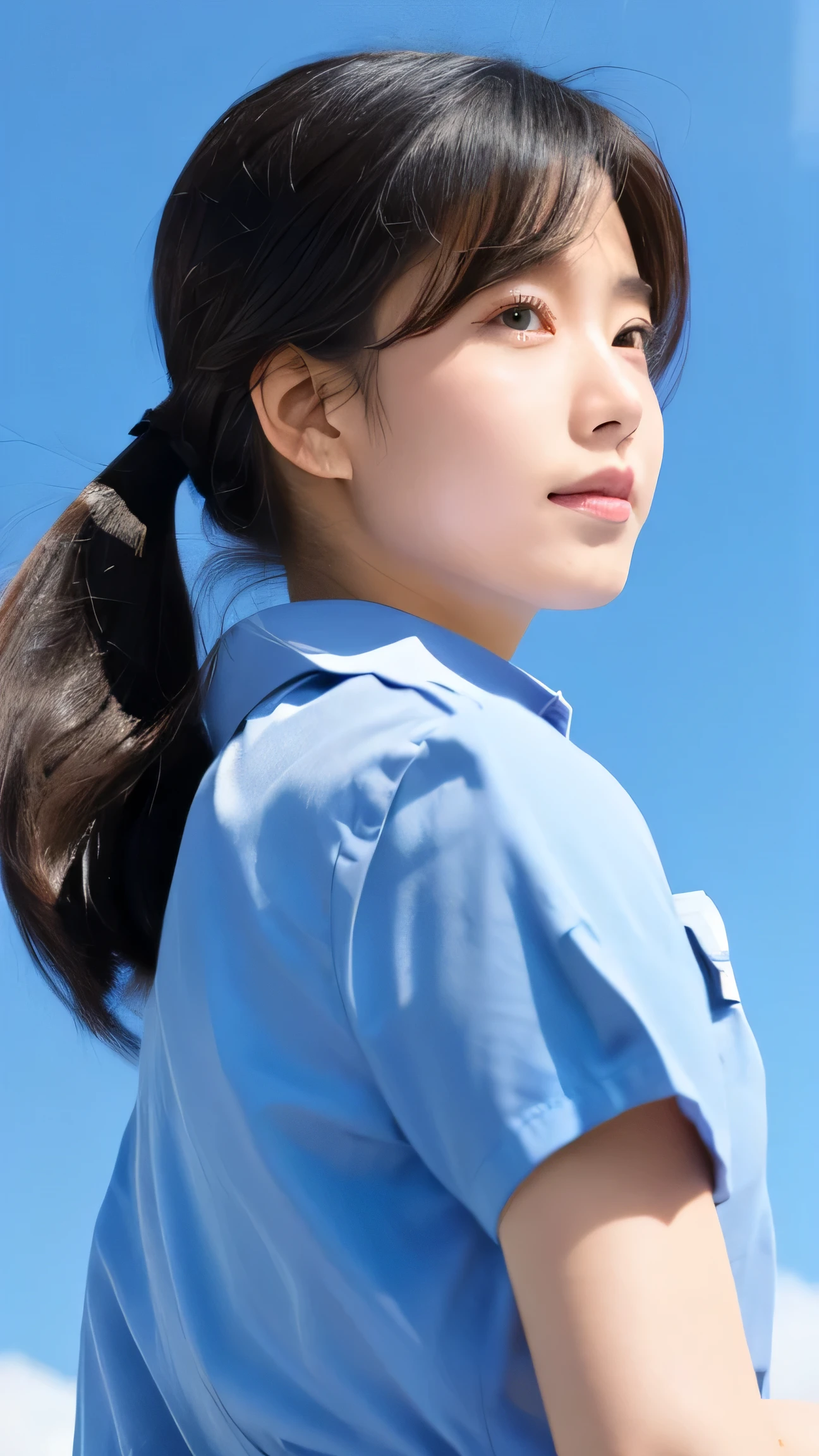 beautiful photo、、girl、summer school uniform、profile、blue sky background、slightly upward、black hair ponytail