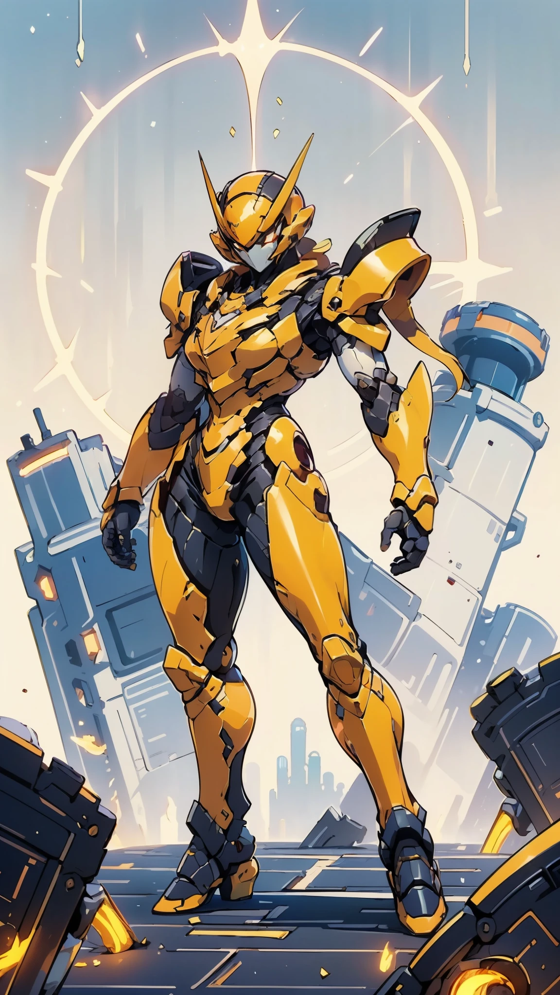 A woman adorned in fantasy-style full-body armor, a crown-concept fully enclosed helmet that unveils only her eyes, a composite layered chest plate, fully encompassing shoulder and hand guards, a lightweight waist armor, form-fitting shin guards, the overall design is heavy-duty yet flexible, ((the armor gleams with a golden glow, complemented by red and blue accents)), exhibiting a noble aura, she floats above a fantasy-surreal high-tech city, this character embodies a finely crafted fantasy-surreal style armored hero in anime style, exquisite and mature manga art style, (Queen bee mixed with Spider concept Armor, plasma, blood), ((Element, energy, elegant, goddess, femminine:1.5)), metallic, high definition, best quality, highres, ultra-detailed, ultra-fine painting, extremely delicate, professional, anatomically correct, symmetrical face, extremely detailed eyes and face, high quality eyes, creativity, RAW photo, UHD, 32k, Natural light, cinematic lighting, masterpiece-anatomy-perfect, masterpiece:1.5