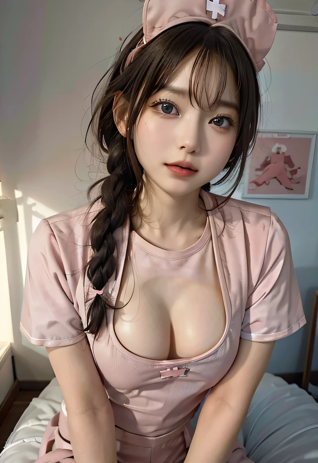 Masterpiece, Super detailed, ultra high resolution, (Real and lifelike photos: 1.37), light color、detailなパンティーパターン、focus、HD RAW color photography, extremely delicate and beautiful, 非常にdetail, 8k wallpaper, Astonishing, (8k, original photography, top quality, Masterpiece: 1.2), detail, 非常にdetailな目, 非常にdetailな肌, 非常にdetailな指, h非常にdetail nose, 非常にdetailな口, perfect anatomy,1 girl in, vague, vague background, Blurred foreground, blush, braid, huge山雀, depth of field, Eyebrows visible through hair, hair between eyes,short hair,alone, huge 、nogizaka idol、korean idol、Posing like a gravure idol、18 years old adult female、High,korean idol、nogizaka idol、Posing like a gravure idol、(((pink nurse uniform:1.3)))、Black stockings highlight your temperament、open cleavage,((big breasts:1.4))、G cup slim figure、Model diagram、model standing、