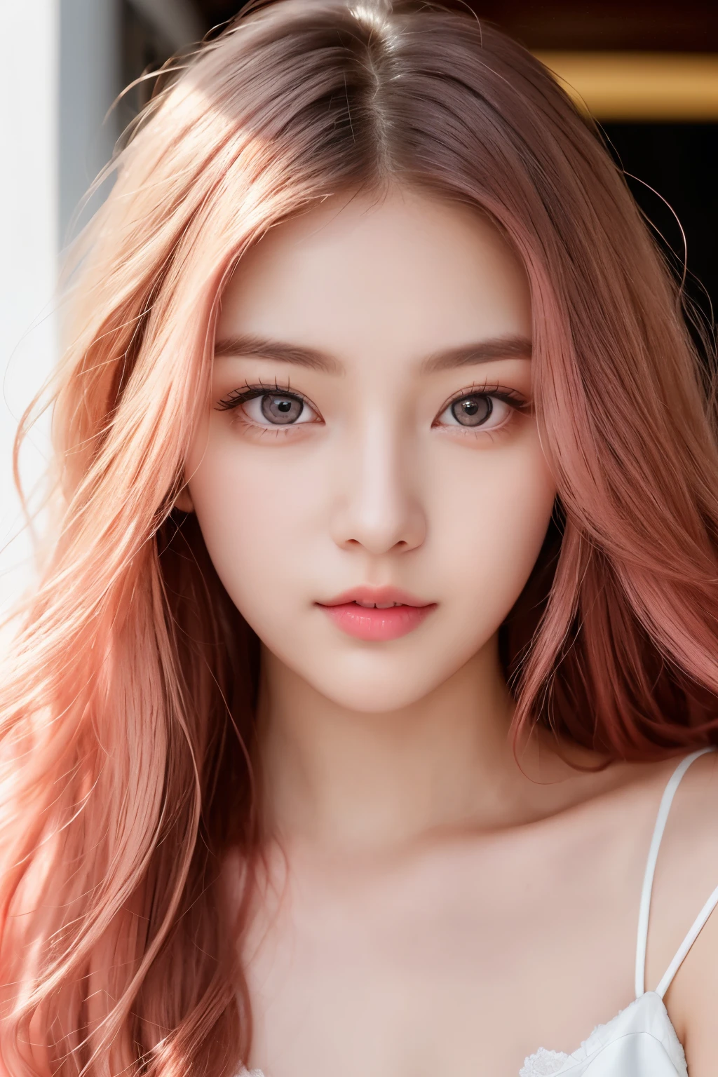 {{NSFW}},((highest quality、In 8K、masterpiece:1.1)),(natural light),(glowing:1.4),(lighting forward),1 woman in Japan、japanese woman、28 year old adult woman、japanese girl、long pink hair swaying in the wind、long-haired pink color、bob hair、ピンク色hair、Hair dyed pink、red hair、桃色hair、Woman with dark eyes、Drooping eyes、drooping eyes、cute big eyes、Beautiful double eyes、cute face、delicate and beautiful skin、human-like skin、Realistic skin feel、複雑な色hair、complicated hairstyle、luster々hair、looking at camera、A woman looking slightly upwards、double round big eyes、very delicate eyes、super detailed face、High-definition lips、thick lips、emphasize the face、clear white skin、beautiful white woman、above the knee、