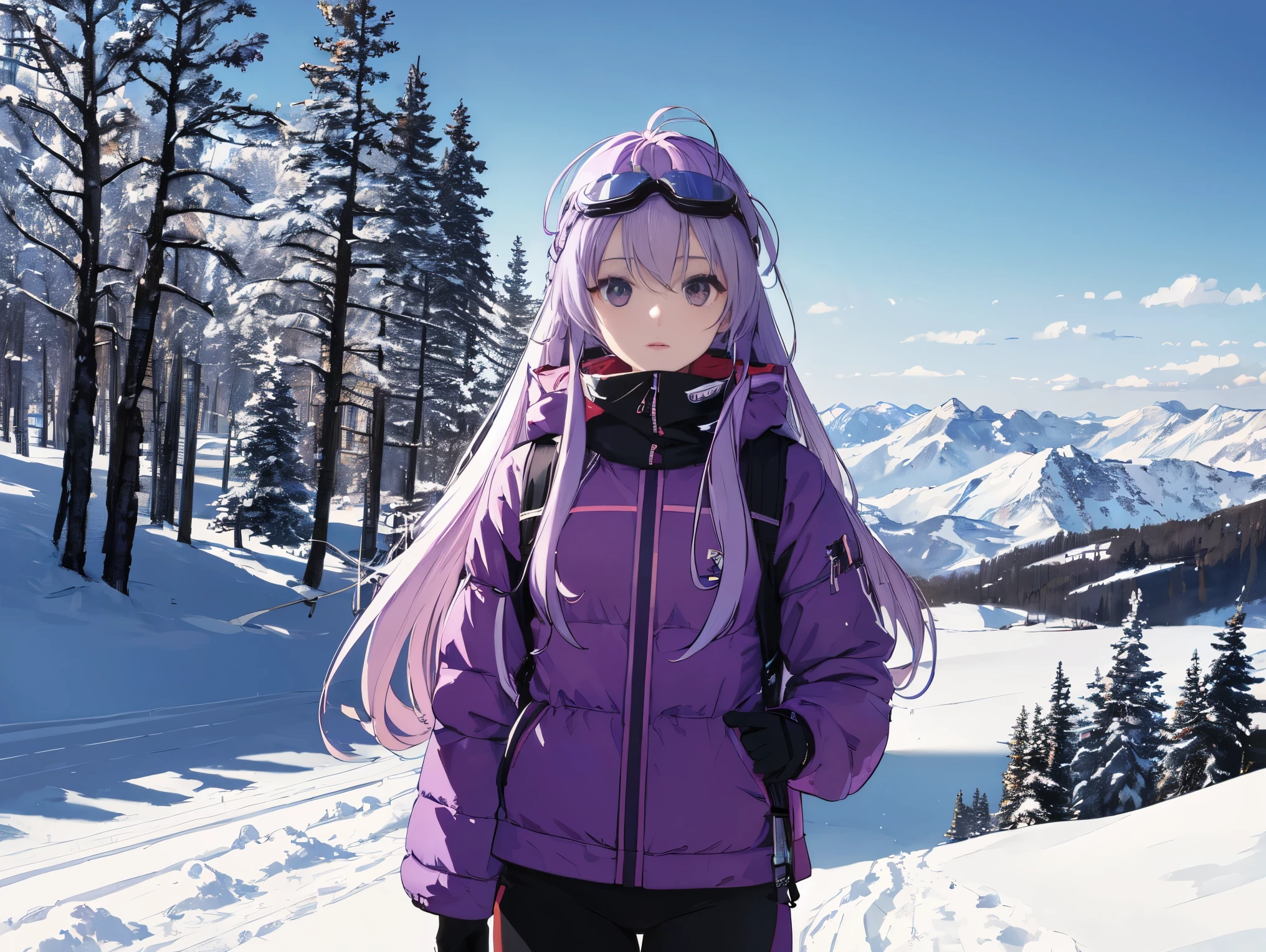 ((masterpiece, high quality, delicate eye detail)), light purple hair color, long, fluffy hair, wearing winter clothes for skiing, goggles, cross-country skiing, snowy mountains