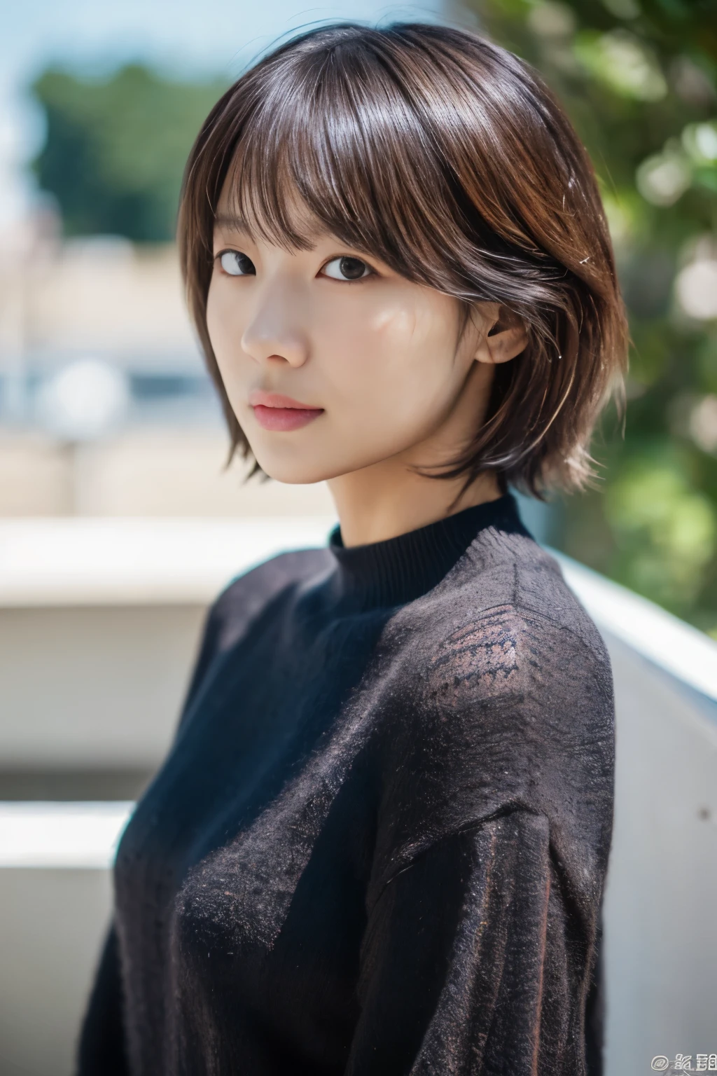 ((masutepiece,top-quality)), (photographrealistic:1.4),(((masutepiece,8K)),rooftop,((full body ))),shot in natural light,highly detailed face and skin texture,highly detailed lips,correct state of the human body,Superhigh resolution, 38 years old, s, 80mm lens,long sleeve sweat,(shoulger length hair),(brown hair),(handsome short hair)natural lip color,sunlight