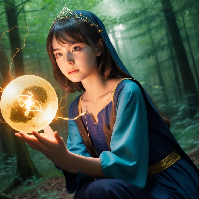 (masterpiece:1.3), high resolution, ultra detailed, extremely detailed CG unity 8k wallpaper, realistic, photo-realistic, RAW photo, a close up of a person holding a glowing ball in a forest, witch girl pondering his orb, an arcane witch girl casting a spell, spell casting witch girl, holding a glowing orb, witch girl casting a spell, casting a protection spell, sorcerer magic witch girl, casting a powerful spell, spell casting, spells magic, holding a shining orb of data, magical, cute witch girl,