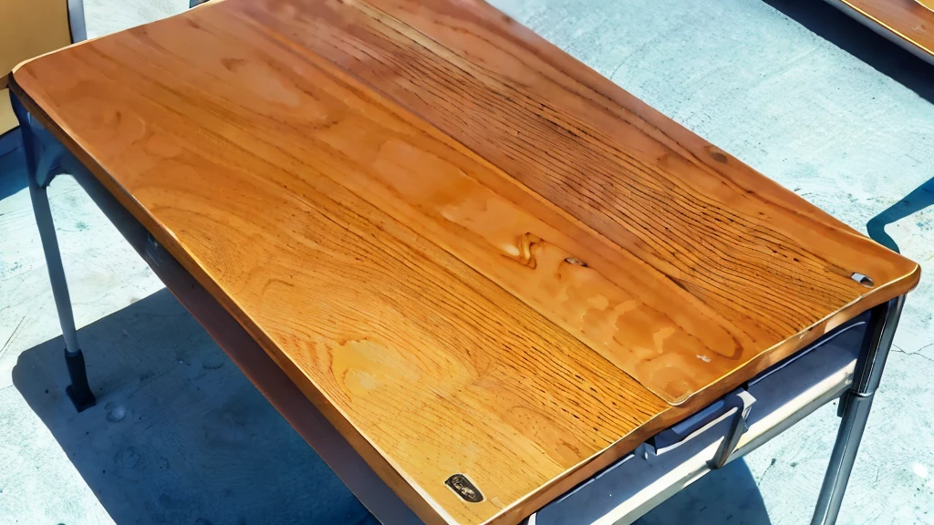 Capture the essence of a school desk with your artistic flair! Your task is to illustrate a school desk surface from above desk angle, allowing us to see the entirety of the desk's top. The desk should have a rich brown hue with a hint of cream, evoking a classic and timeless feel. Imagine yourself looking down upon the desk as if you were a bird's eye view observer. You have the opportunity to showcase the subtle details, such as the texture of the desk's surface, any scratches or imperfections that add character, and perhaps a few school-related items placed on top, like a pencil, a notebook, or a ruler.