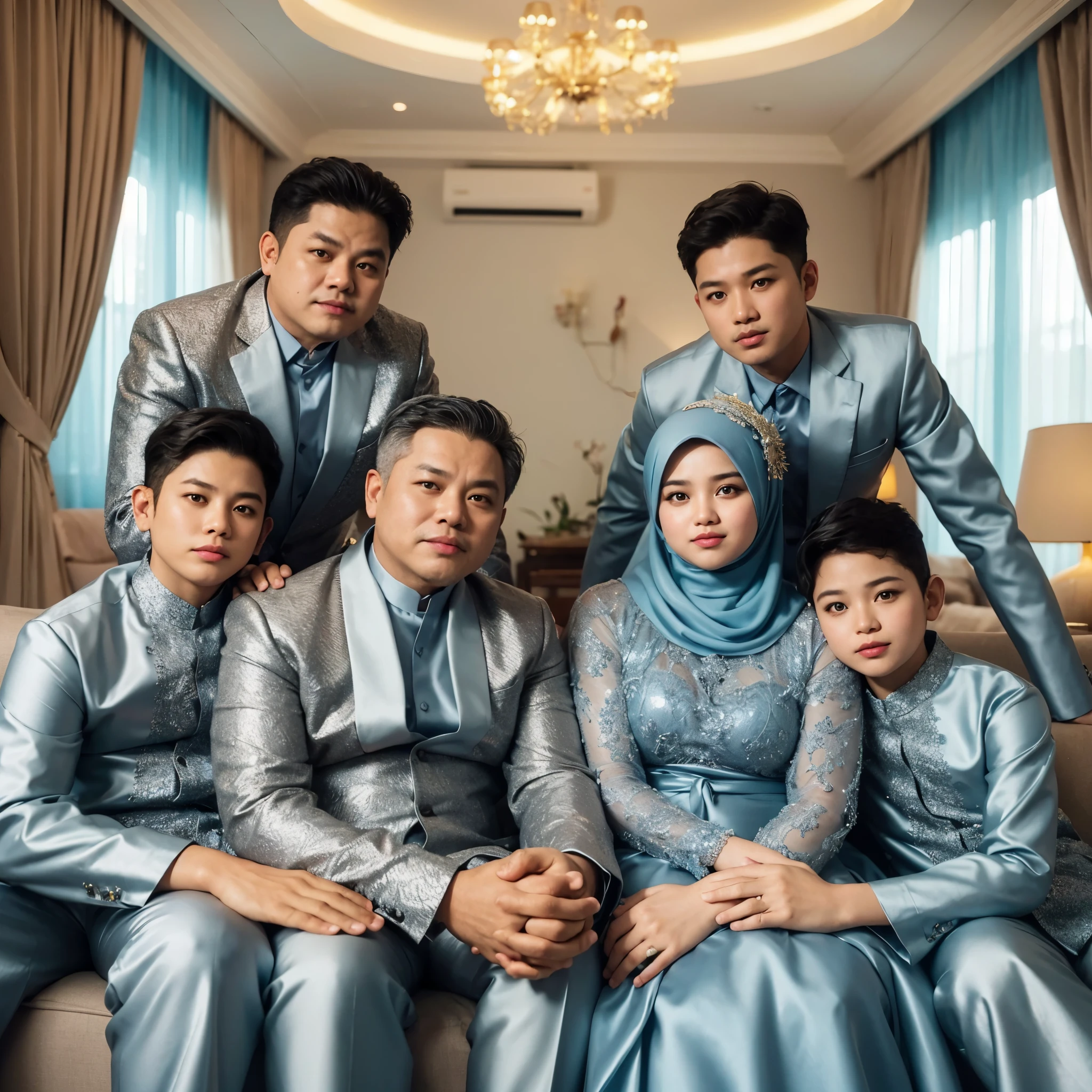 Make a friendly close up photo style, six members, one 45 year old Indonesian MAN, wearing a suit of the same color, fat, one 45 year old WOMAN, fat, wearing a hijab, four BOYS aged 19, 15, 10 and six year, they are wearing shiny bluish silver Muslim koko shirts, the latest long dresses in matching colors, wearing hijabs, sitting on the sofa, hugging each other, comfortable and happy, in a luxurious living room, luxury home studio background, very detailed. fresh color, blue lighting, ULTRA HD,