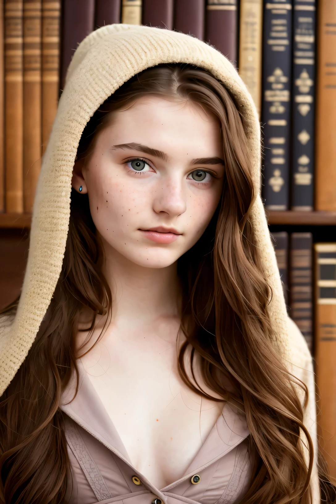 masterpiece, best quality, surreal, photo,  innocent 20 year old woman, 
sweden,
unique female characteristics,

Professional attire,
very long chestnut hair,
huge breasts,
There are freckles on the face,
(library background),
victorian style,
(8k, epic work, lifelike, sharp focus),
Detailed background,
SLR camera,

intricate details,




rule of thirds,
