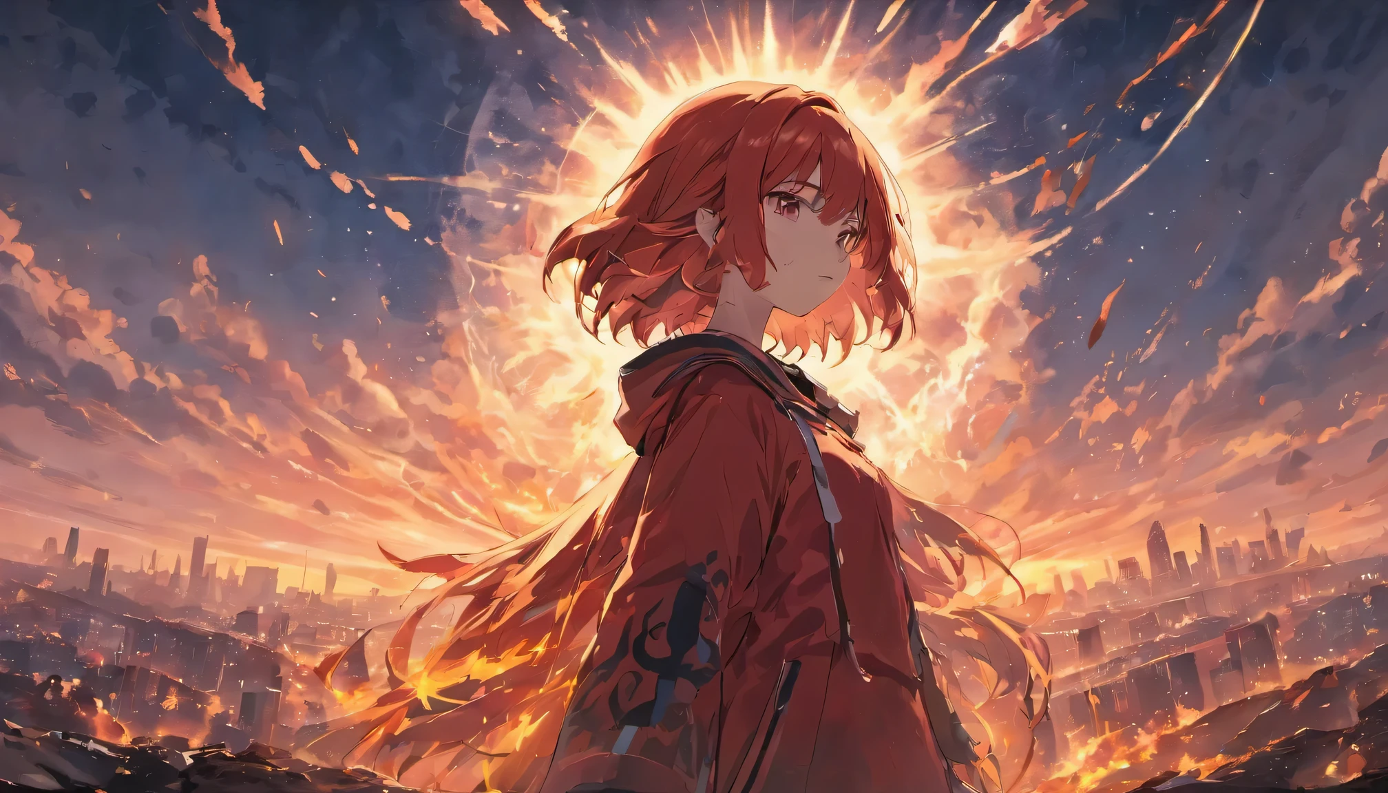 4K, disaster is coming,The sun and moon appear in the sky,Red and black,scary,cinematic texture,Girls in front of disaster,