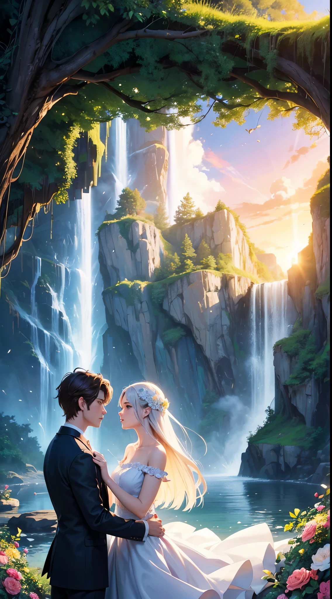 (magical digital artwork:1.3), (masterpiece), (cinematic), a couple, a guy and a woman, looking to each other, waterfall backgroud, (waterfall),nature,(perfect faces), from side,(romantic), (love), alone, (two people), elegant, perfect scenery, perfect lighting, heart warming, sunset, heaven, (light particles), soft, flowers, rocks, water, intricate, white dress, gorgeous lighting, romantic atmosphere, good feeling