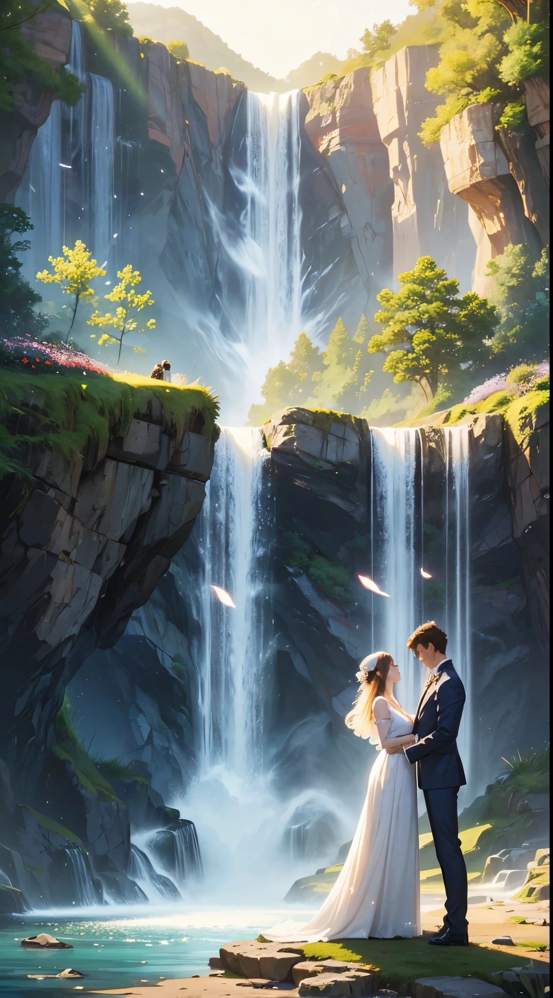 (magical digital artwork:1.3), (masterpiece), (cinematic), a couple, a guy and a woman, looking to each other, waterfall backgroud, (waterfall),nature,(perfect faces), from side,(romantic), (love), alone, (two people), elegant, perfect scenery, perfect lighting, heart warming, sunset, heaven, (light particles), soft, flowers, rocks, water, intricate,  white dress, gorgeous lighting, romantic atmosphere, good feeling
