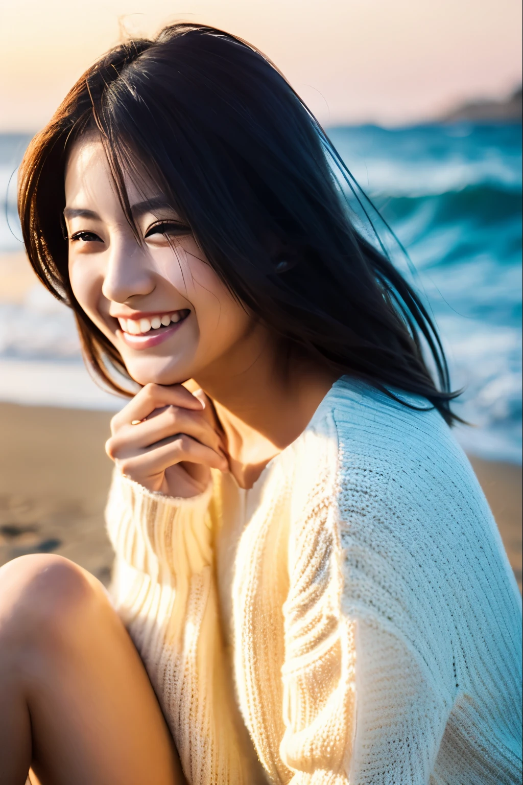 japanese model, beaultiful girl gender,photo style, portrait layout, from front angle, upper body focus, direct eye contact, laughing, beach in background, night time, sitting pose, wearing thin white knit sweater, beautiful composition, cinematic lighting, extremely detailed, 8k, cinematic postprocessing, {{bad fingers,bad-anatomy,missing-fingers}}, {{signature,watermark,username,artist name}}, {{retro style,poor-quality}}