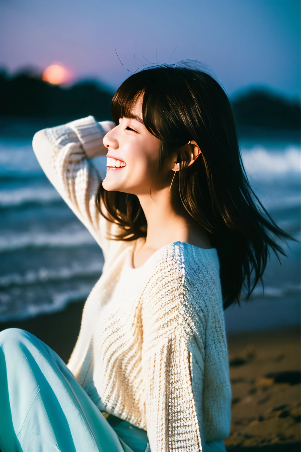 japanese model, beaultiful girl gender,photo style, portrait layout, from front angle, upper body focus, direct eye contact, laughing, beach in background, night time, sitting pose, wearing thin white knit sweater, beautiful composition, cinematic lighting, extremely detailed, 8k, cinematic postprocessing, {{bad fingers,bad-anatomy,missing-fingers}}, {{signature,watermark,username,artist name}}, {{retro style,poor-quality}}
