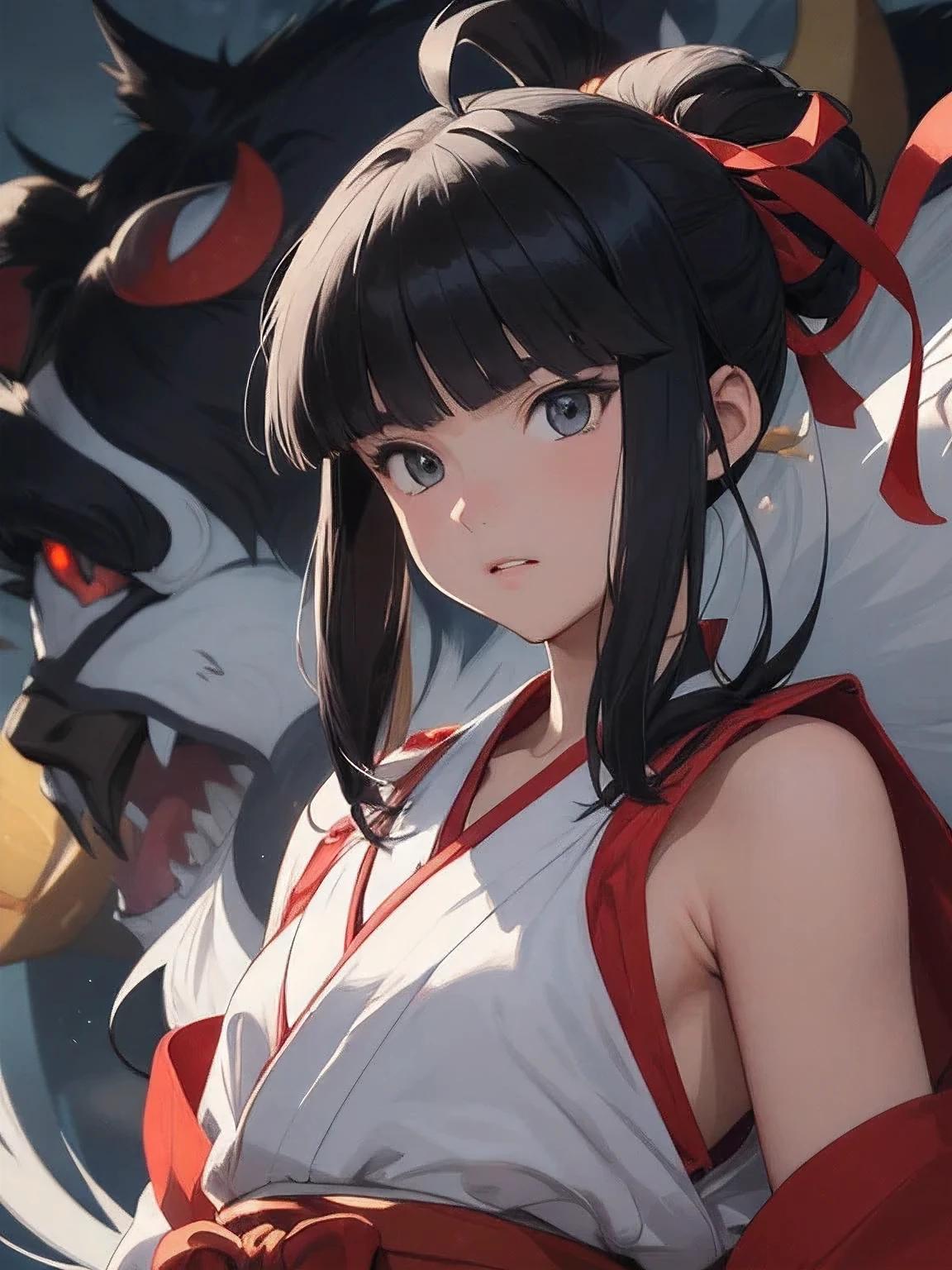 (Fantasy illustration:1.5), (alone:1.2), (japanese manga,8k,masterpiece, top quality, best quality,Beautiful and beautiful:1.2,Professional illustration:1.1,Super detailed:1.3,perfect lighting), Very detailed, most detailed, Extremely ridiculous, high resolution, Super detaileded, complicated:1.6, (girl), Very detailed beautiful face and eyes, beautiful hair, bob hair, blunt bangs, (black hair:1.4), (red ribbon behind hair:1.2), ( samurai general akatsuki's Nakoru Suit:1.2), Guess the skin, (Abstract:1.2), beautiful, Subei Subei, (short,medium chest), Sense of speed, Dagger Master,