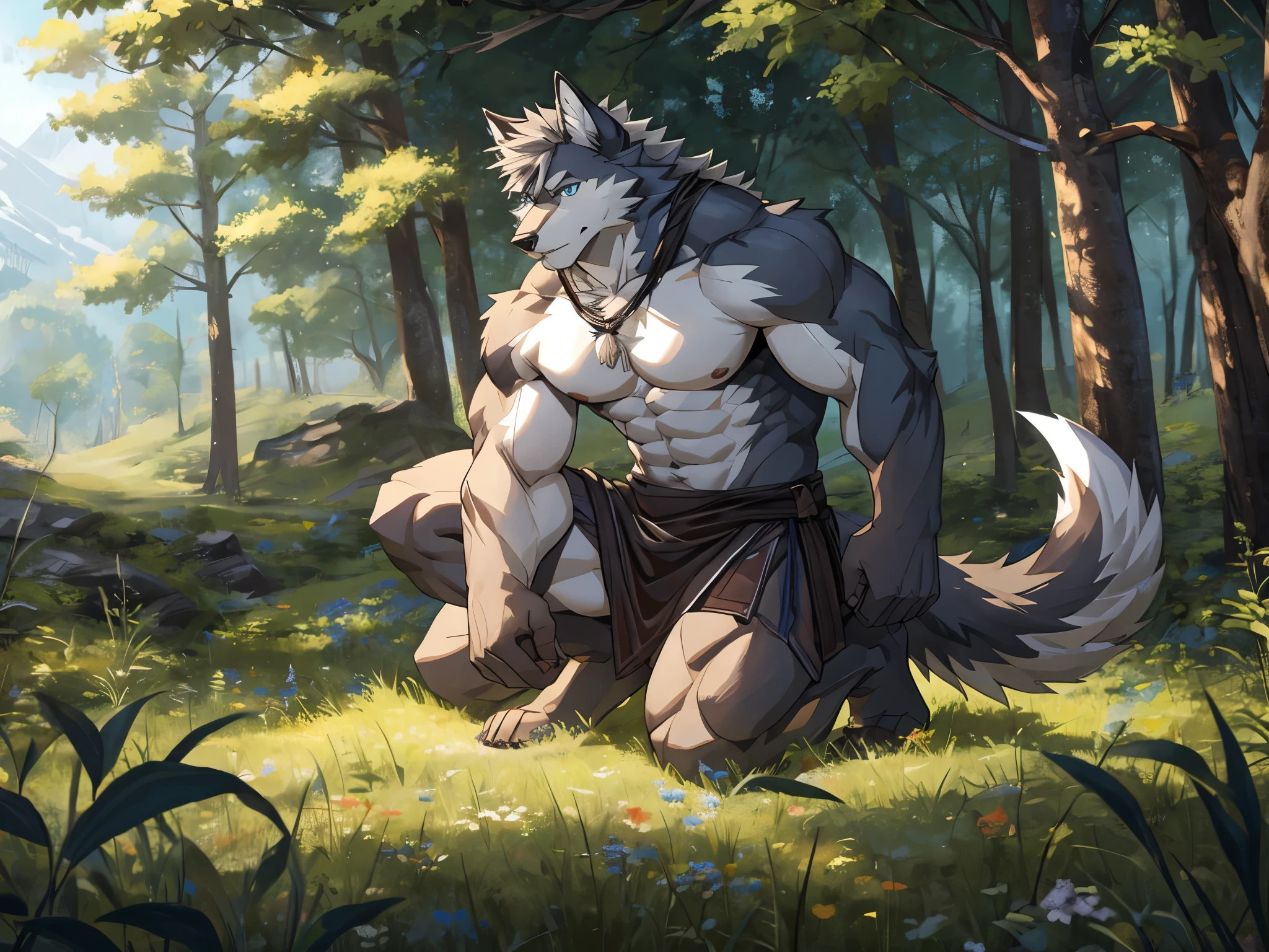 weregarurumon, solo, nude, embarrassed nude male, covering crotch, covering crotch with both hands, angry expression, blush, clenched teeth, forest, completely nude, completely naked, naked,