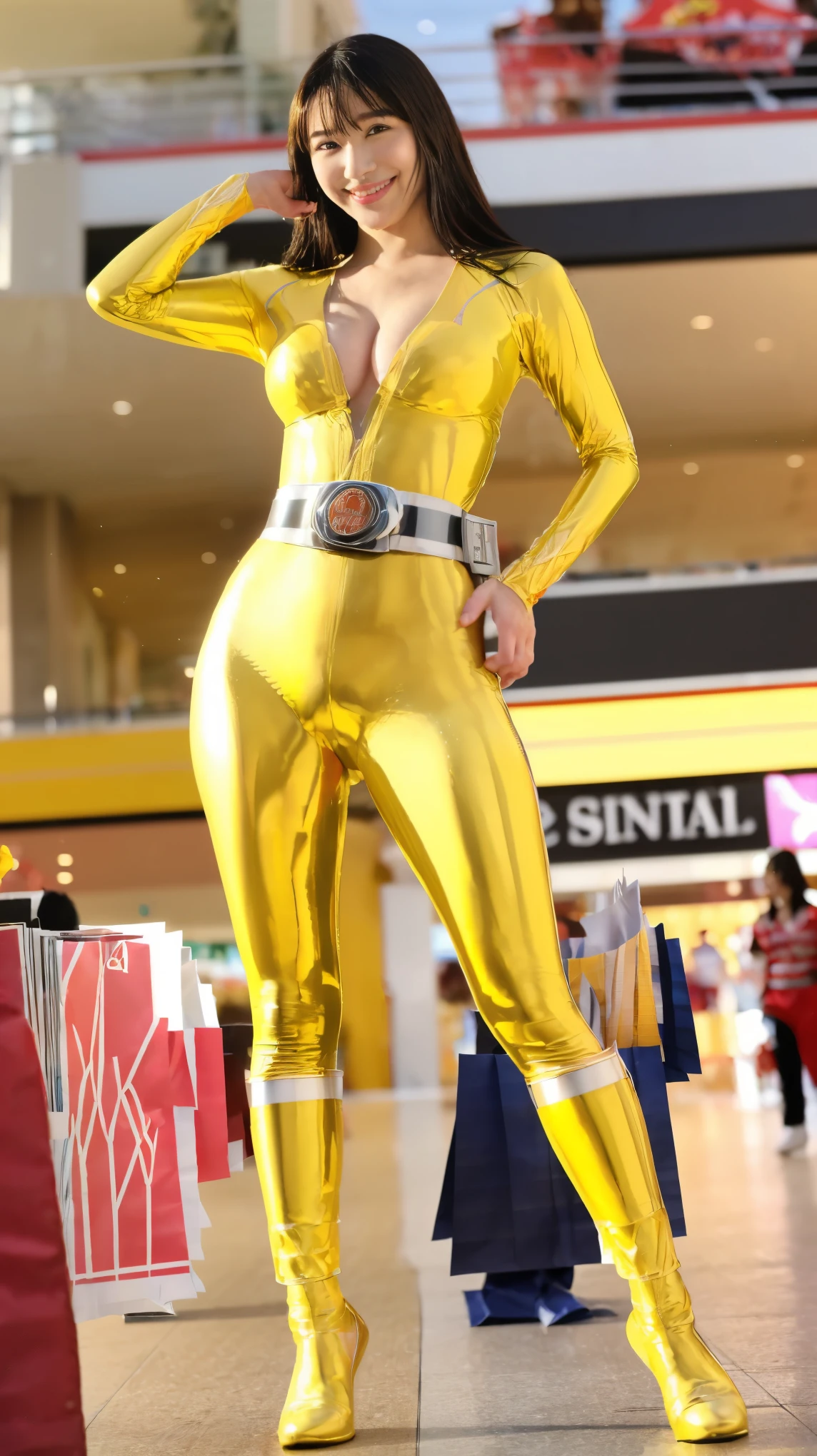 (8K、ultra high resolution、highest quality、masterpiece、realistic、ultra high resolution)、(((Must be female、Always shiny neon yellow Power Rangerust have big breasts、Definitely quite big breasts、Always hide all breastust be a shiny neon yellow patent leather full body suit、(big emblem on the chest、Always wear a belt with a big buckle)、Make sure to strike a pose at the shopping mall:1.28))(Very shiny suit、Must have long black straight hair、Definitely Sentai Hero、cute smile:1.1)