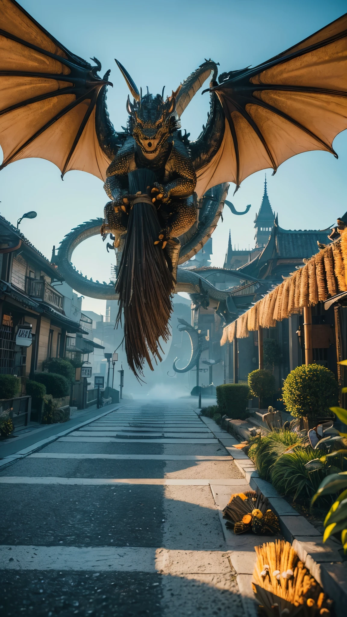 (masterpiece, illustration, best quality:1.2), detailed, complex, 8k, high dynamic range, light, sharp focus, photo, , (dragon, dragon holding broom, holding broom, dragon sweeping road with broom:1.2), broom, multiple wings, , detailed background, road, (Cyberpunk City:1.2), car, people, citizen, road人, calm life,
