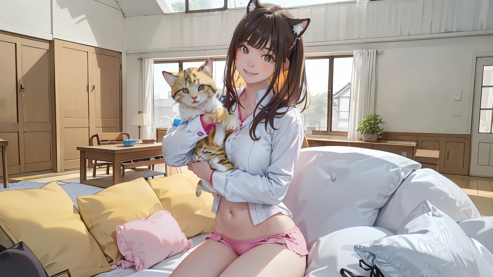 (high quality、8K、ultra hd、Beautiful 16 year old Japanese woman with a kitten on her lap)、Tank top、mini skirt、A happy smile、whole body、random pose、A cute pop room with kittens、digital painting、concept art、3D lighting、2D rendering、art germ、ArtStat Trends、pop of color、pop art、Realistic depiction like a photo