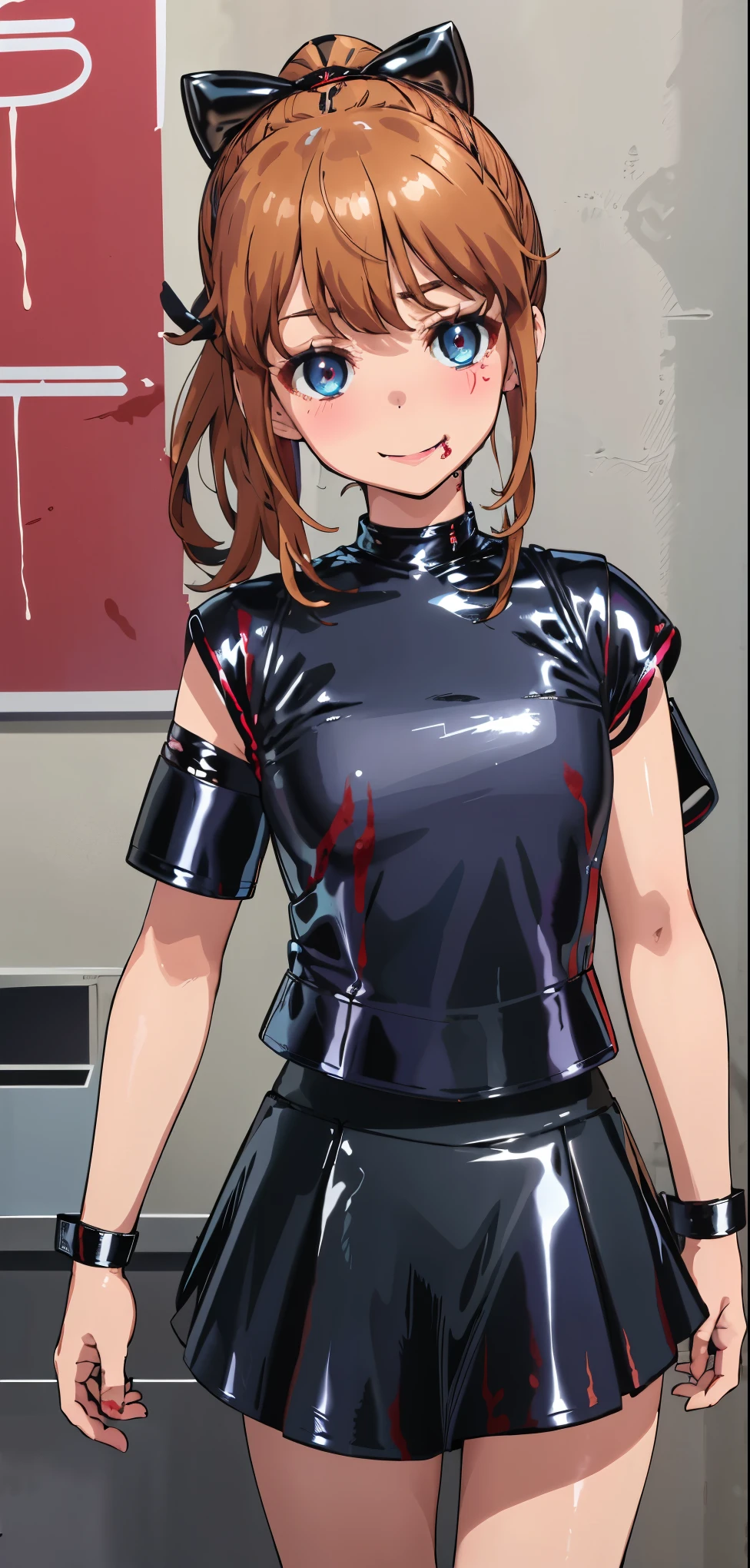 best quality, (masterpiece:1.2), highly detailed, standing, street,
1girl, solo, akatsuki minami,
looking at the viewer, closed mouth, smile, slight blush,
blue eyes, brown hair, ponytail, hair bow, sleeveless, (((dominant girl, latex skirt,  latex shirt ))), ((blood, mistress, cruel girl)). 