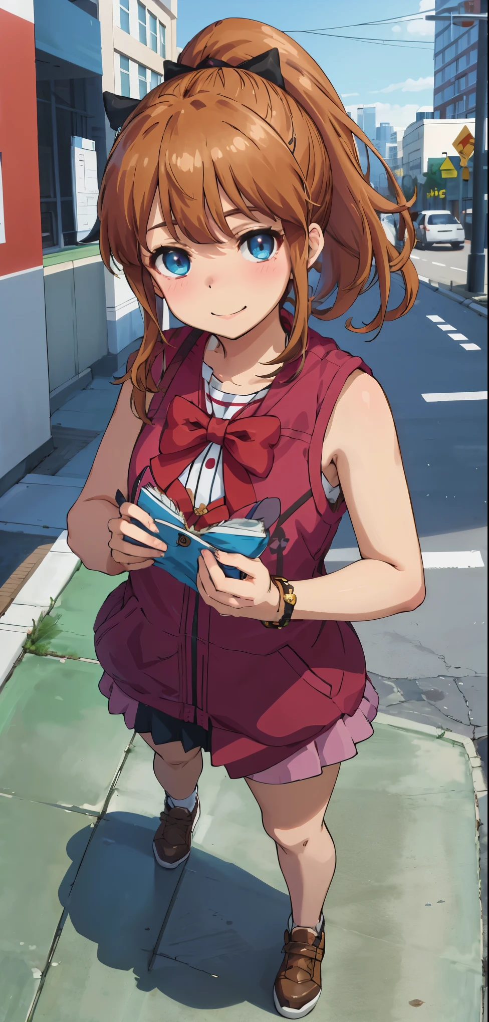 best quality, (masterpiece:1.2), highly detailed, standing, street,
1girl, solo, akatsuki minami,
looking at the viewer, closed mouth, smile, slight blush,
blue eyes, brown hair, ponytail, hair bow, sleeveless.