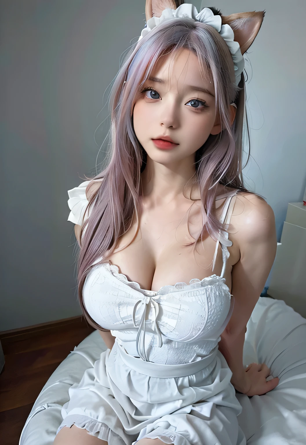 1 girl,Ombre hair,maid outfit,white lace, Exhibitionist, Upper chest, huge , realistically,looking at the audience,sitting on bed, Idol, ((Realistic skin texture)), ribbon,asphyxia, blue, grace,Cat Student,pink hair avatar,Thick lips spread cleavagereasts:1.4)m figure、Model diagram、model standing、