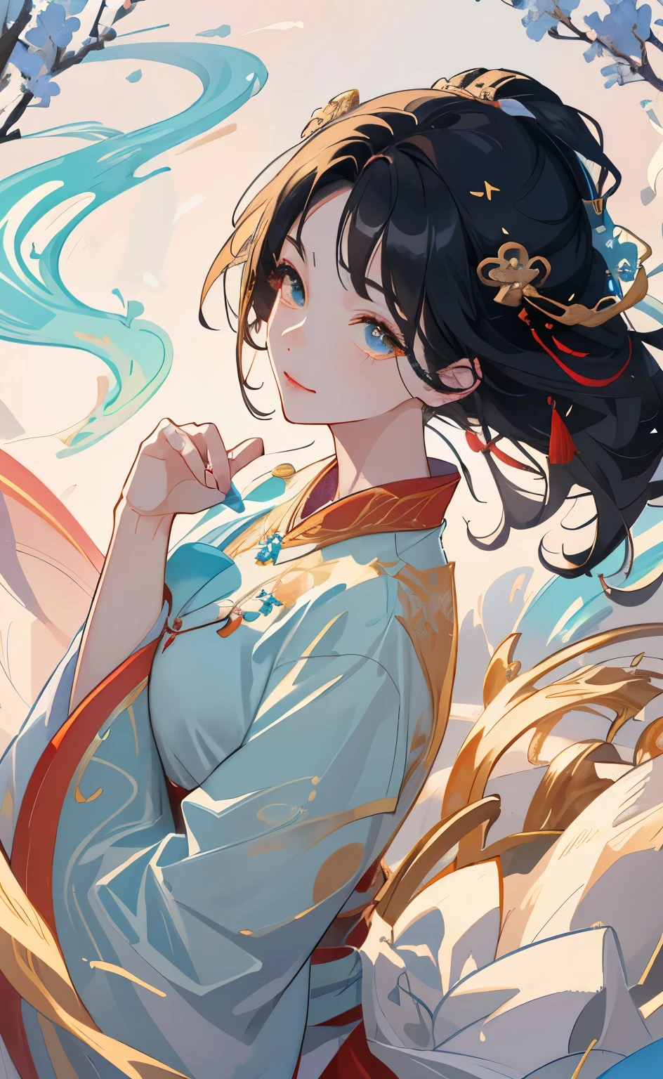 a girl, ancient chinese clothing, whole body, Sunlight, clear face smile, With waves background、masterpiece, Ultra-detailed, epic work, ultra high definition, high quality, Very detailed, official art, unified 8k wallpaper, Ultra-detailed, 32k