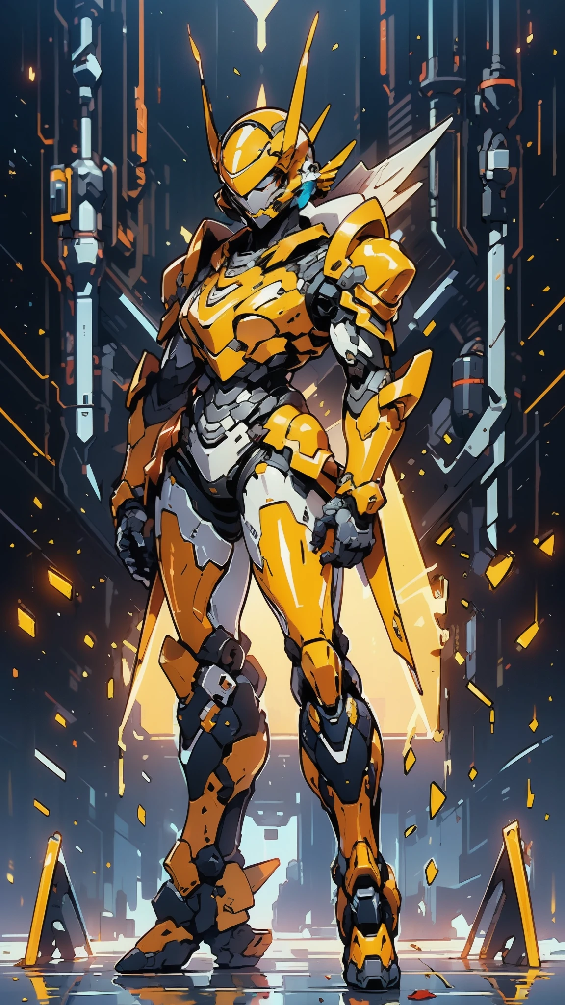 A woman adorned in fantasy-style full-body armor, a crown-concept fully enclosed helmet that unveils only her eyes, a composite layered chest plate, fully encompassing shoulder and hand guards, a lightweight waist armor, form-fitting shin guards, the overall design is heavy-duty yet flexible, ((the armor gleams with a golden glow, complemented by red and blue accents)), exhibiting a noble aura, she floats above a fantasy-surreal high-tech city, this character embodies a finely crafted fantasy-surreal style armored hero in anime style, exquisite and mature manga art style, (Queen bee mixed with Spider concept Armor, plasma, blood), ((Element, energy, elegant, goddess, femminine:1.5)), metallic, high definition, best quality, highres, ultra-detailed, ultra-fine painting, extremely delicate, professional, anatomically correct, symmetrical face, extremely detailed eyes and face, high quality eyes, creativity, RAW photo, UHD, 32k, Natural light, cinematic lighting, masterpiece-anatomy-perfect, masterpiece:1.5