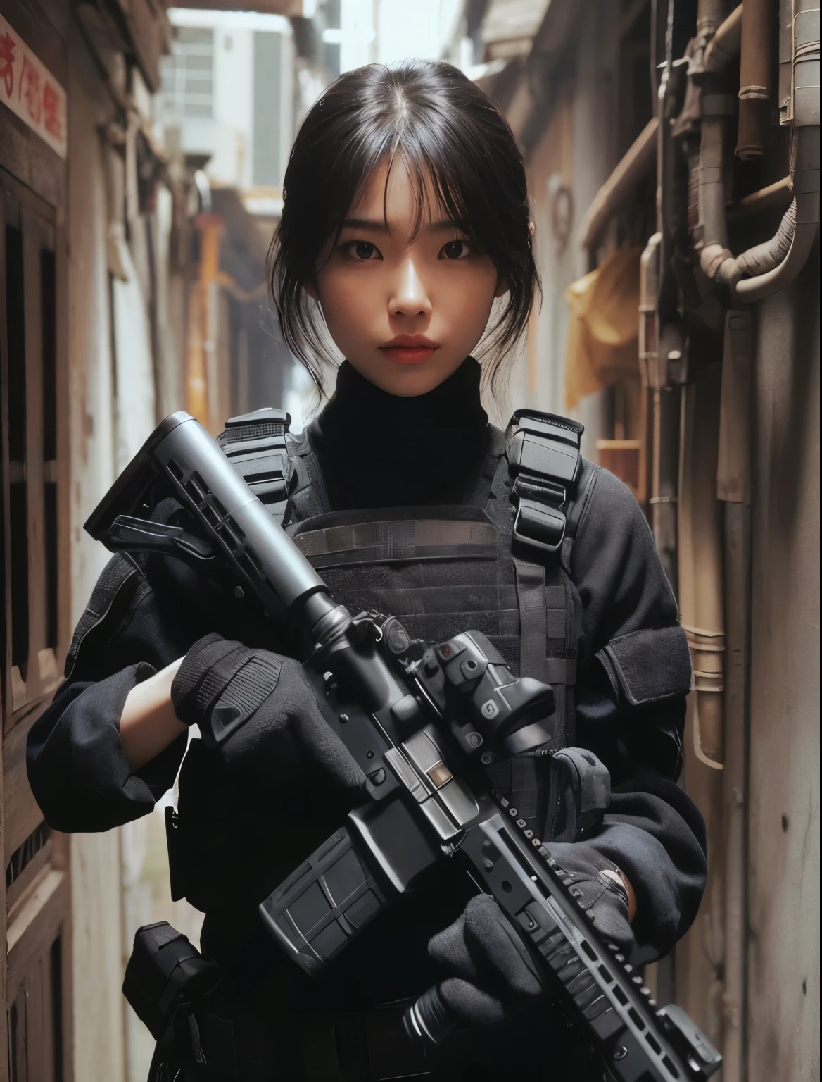 Japanese women in the US military、Holding an automatic rifle and looking nervous、bulletproof vest、Backpack、A detailed depiction of Hulk holding an automatic rifle in a post-apocalyptic setting. The focus should be on the realistic skin texture of Hulk, capturing every nuanced detail. The scene should be gritty, with debris and impurities scattered around. The colors should be vibrant, contrasting against the desolate backdrop. The lighting should be intense, casting dramatic shadows and highlights on Hulk and the surrounding environment. The image should be of the best quality, with high resolution and a photorealistic rendering.