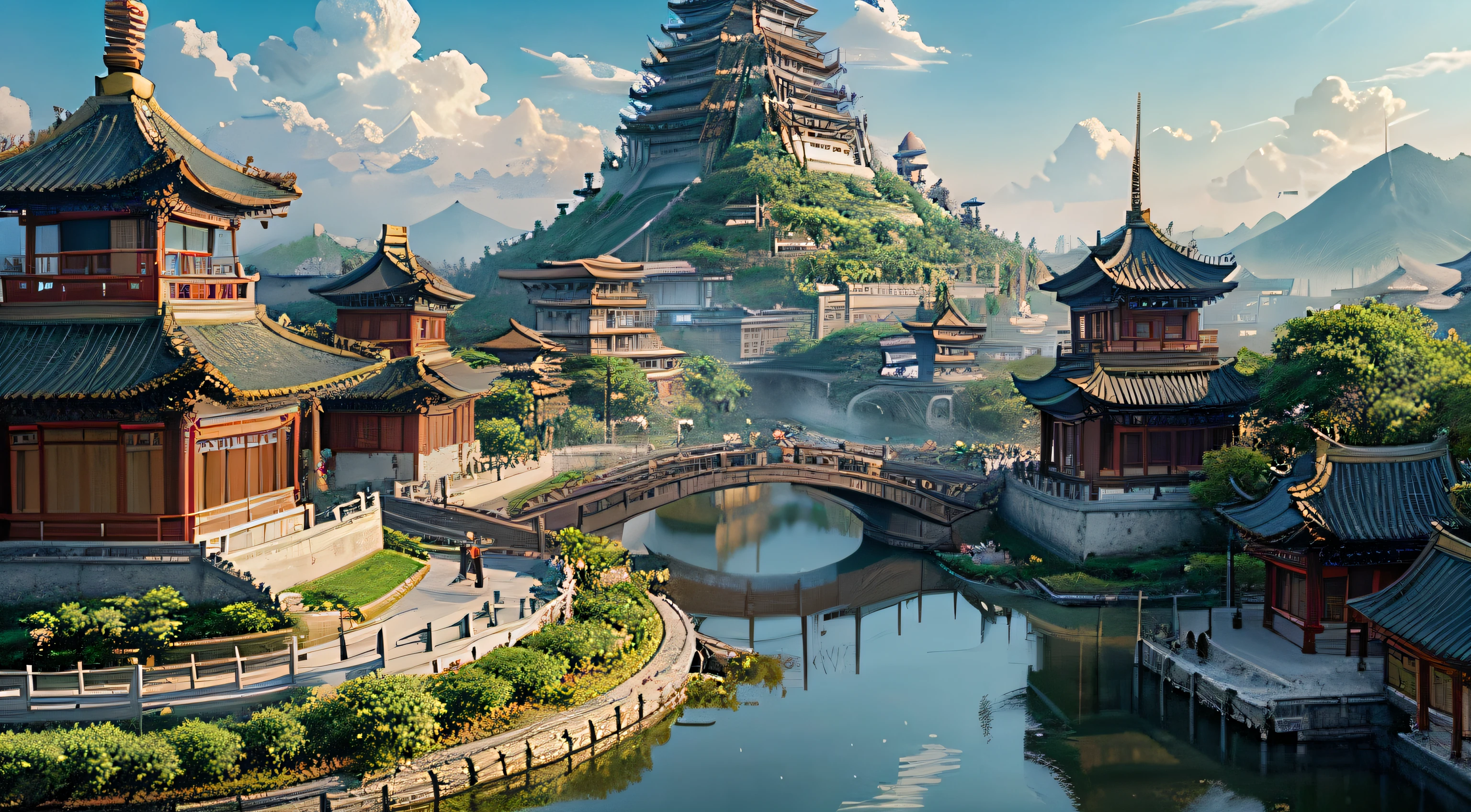 City cartoon landscape with pagodas and pagodas, Exquisite renderings of the Tang Dynasty, Dream Chinatown, Xianxia anime background art, Chinese traditional conceptual art, Xianxia animation background, Beautiful fairy anime scene, Beautiful and peaceful scenes of Xianxia anime, Ross Tran. landscape background, Anime Landscape Concept Art, ancient city landscape, official art