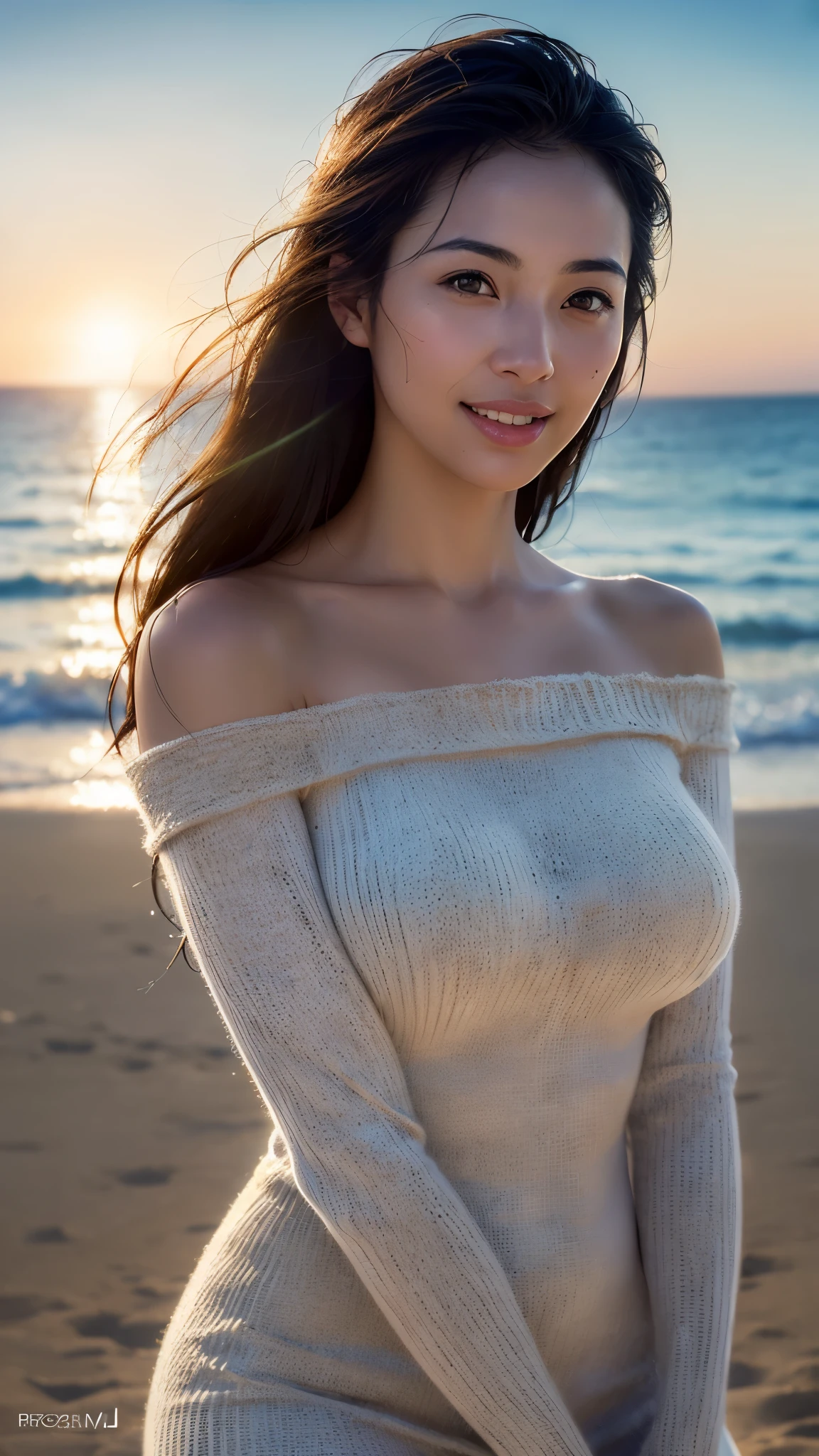 dressed, (photo realistic:1.4), (hyper realistic:1.4), (realistic:1.3), (smoother lighting:1.05), (Improve the quality of cinematic lighting:0.9), 32K, 1 girl,20 year old girl, realistic lighting, Backlight, light shines on your face, ray tracing, (bright light:1.2), (Improvement of quality:1.4), (Highest quality realistic textured skin:1.4), detailed eyes, detailed face, (resort beach), (smile), close up of face, No sleeve, (Enhance the mood of your body line:1.1), (Enhances the beauty of skin texture:1.1)、big breasts、short hair-