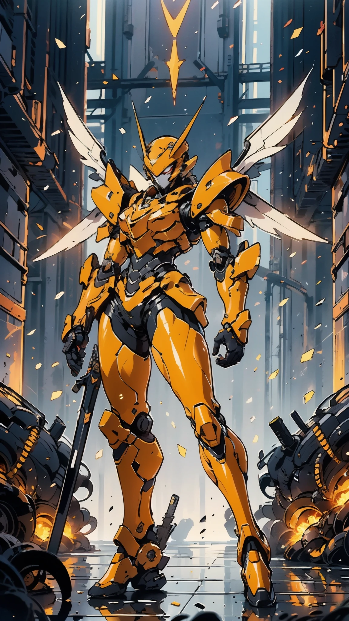 A woman adorned in fantasy-style full-body armor, a crown-concept fully enclosed helmet that unveils only her eyes, a composite layered chest plate, fully encompassing shoulder and hand guards, a lightweight waist armor, form-fitting shin guards, the overall design is heavy-duty yet flexible, ((the armor gleams with a golden glow, complemented by red and blue accents)), exhibiting a noble aura, she floats above a fantasy-surreal high-tech city, this character embodies a finely crafted fantasy-surreal style armored hero in anime style, exquisite and mature manga art style, (Queen bee mixed with Spider concept Armor, plasma, blood), ((Element, energy, elegant, goddess, femminine:1.5)), metallic, high definition, best quality, highres, ultra-detailed, ultra-fine painting, extremely delicate, professional, anatomically correct, symmetrical face, extremely detailed eyes and face, high quality eyes, creativity, RAW photo, UHD, 32k, Natural light, cinematic lighting, masterpiece-anatomy-perfect, masterpiece:1.5