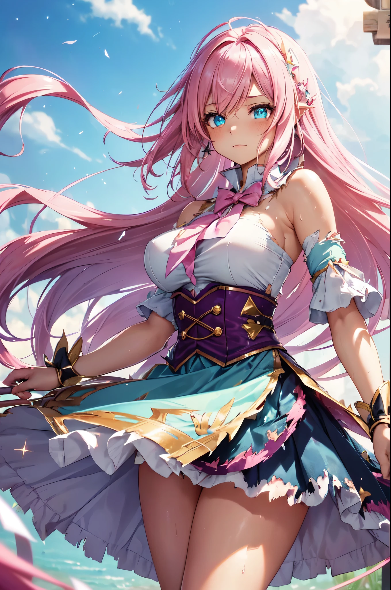 (High quality, High resolution, Fine detail), (Magical girl), (tattered and torn clothes:1.2), flowing long hair, ripped sleeves and torn skirt fluttering in the wind, ribbons of light, fantastical energy, color palette is vibrant, solo, curvy women, pink hair, sparkling eyes, (Detailed eyes:1.2), Anger, (Sweat), (Oily skin), shallow depth of field