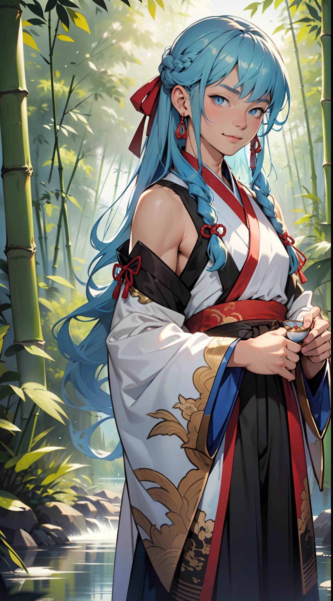 Masterpiece, best quality, official art, 8k wallpaper, very detailed, illustration, 1 boy, chinese style, ink, sky blue hair, long hair, detailed eyes, forrest fun, bare shoulders, hanfu, lake, pure, soft smile, bamboo, tea