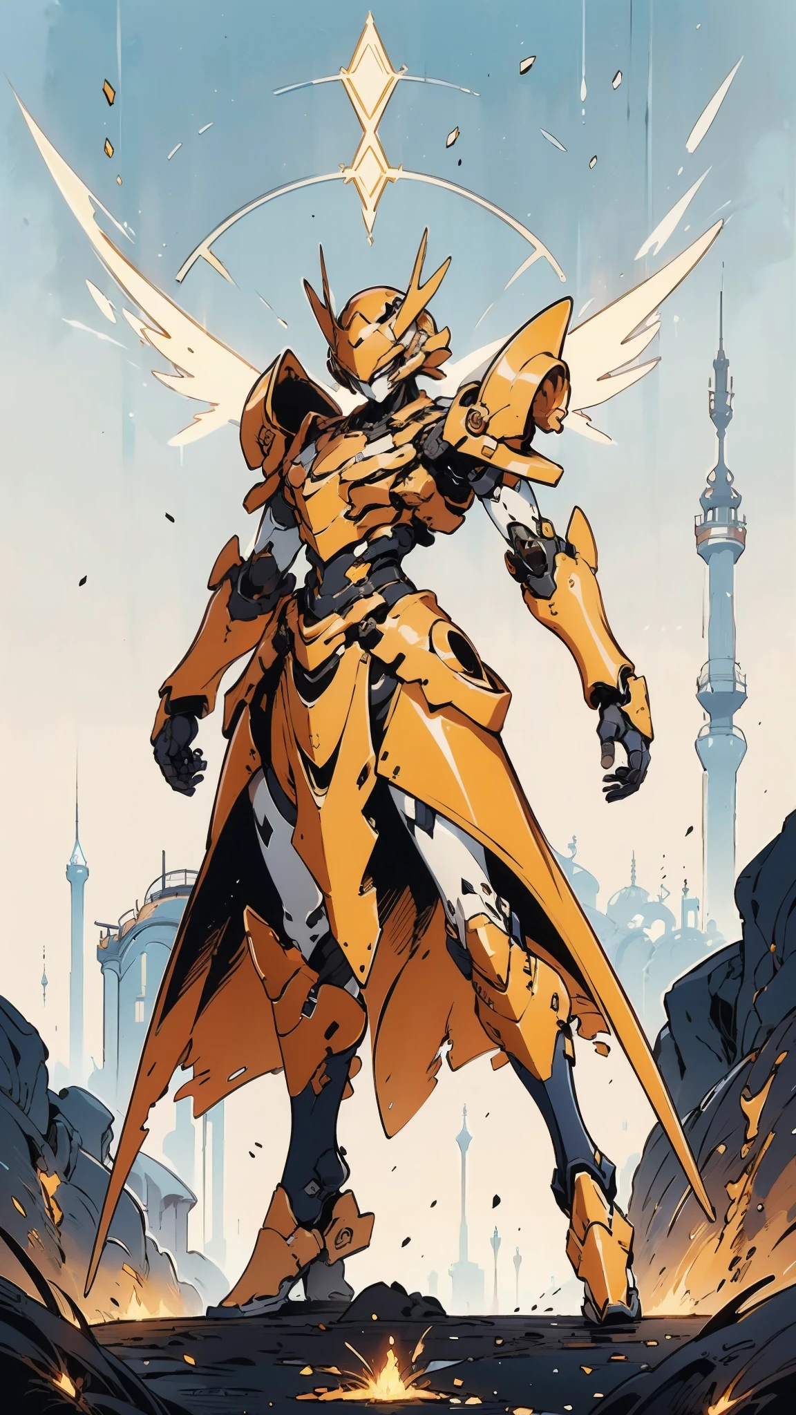 A woman adorned in fantasy-style full-body armor, a crown-concept fully enclosed helmet that unveils only her eyes, a composite layered chest plate, fully encompassing shoulder and hand guards, a lightweight waist armor, form-fitting shin guards, the overall design is heavy-duty yet flexible, ((the armor gleams with a golden glow, complemented by red and blue accents)), exhibiting a noble aura, she floats above a fantasy-surreal high-tech city, this character embodies a finely crafted fantasy-surreal style armored hero in anime style, exquisite and mature manga art style, (Queen bee mixed with Spider concept Armor, plasma, blood), ((Element, energy, elegant, goddess, femminine:1.5)), metallic, high definition, best quality, highres, ultra-detailed, ultra-fine painting, extremely delicate, professional, anatomically correct, symmetrical face, extremely detailed eyes and face, high quality eyes, creativity, RAW photo, UHD, 32k, Natural light, cinematic lighting, masterpiece-anatomy-perfect, masterpiece:1.5