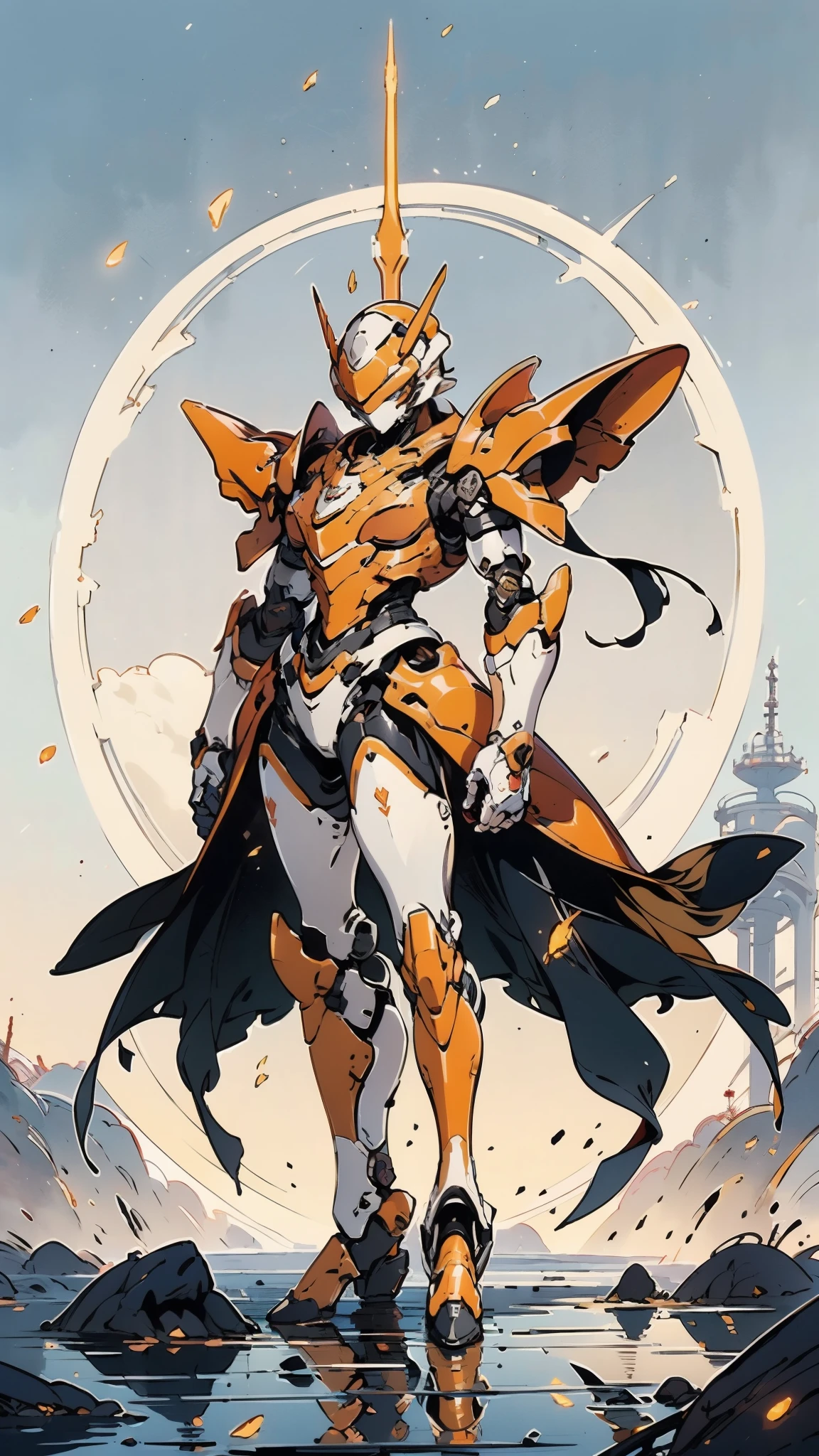 A woman adorned in fantasy-style full-body armor, a crown-concept fully enclosed helmet that unveils only her eyes, a composite layered chest plate, fully encompassing shoulder and hand guards, a lightweight waist armor, form-fitting shin guards, the overall design is heavy-duty yet flexible, ((the armor gleams with a golden glow, complemented by red and blue accents)), exhibiting a noble aura, she floats above a fantasy-surreal high-tech city, this character embodies a finely crafted fantasy-surreal style armored hero in anime style, exquisite and mature manga art style, (Queen bee mixed with Spider concept Armor, plasma, blood), ((Element, energy, elegant, goddess, femminine:1.5)), metallic, high definition, best quality, highres, ultra-detailed, ultra-fine painting, extremely delicate, professional, anatomically correct, symmetrical face, extremely detailed eyes and face, high quality eyes, creativity, RAW photo, UHD, 32k, Natural light, cinematic lighting, masterpiece-anatomy-perfect, masterpiece:1.5
