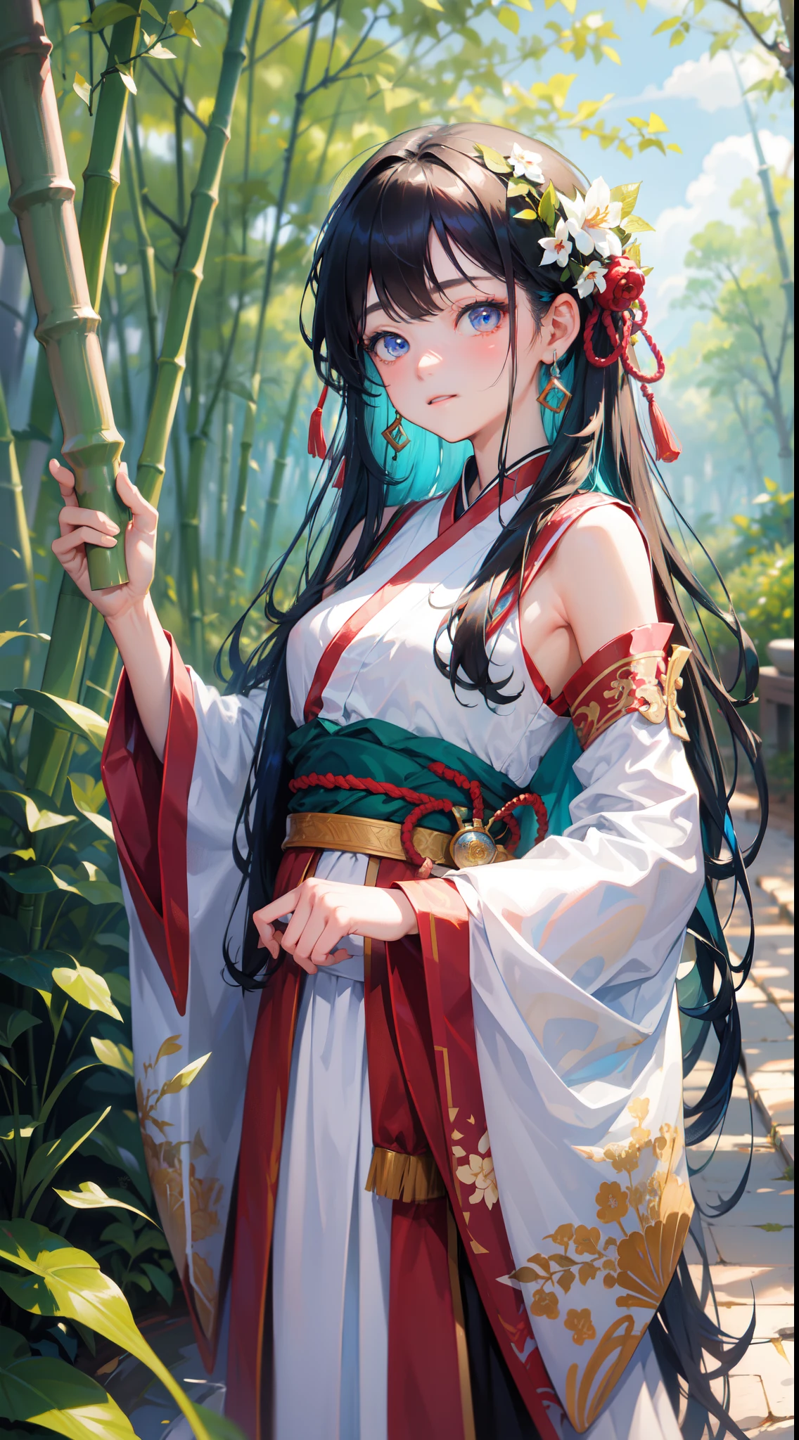 Masterpiece, best quality, official art, 8k wallpaper, very detailed, illustration, 1 boy, chinese style, ink, sky blue hair, long hair, detailed eyes, forrest fun, bare shoulders, hanfu, lake, pure, soft smile, bamboo, tea