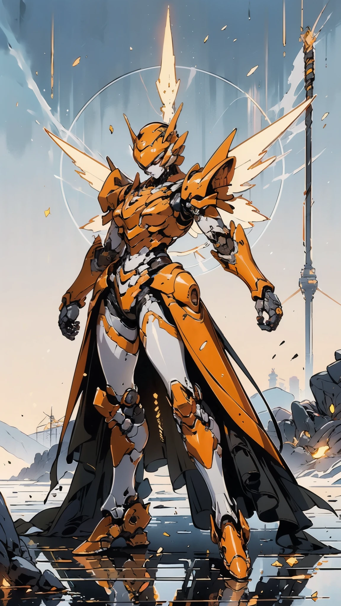 A woman adorned in fantasy-style full-body armor, a crown-concept fully enclosed helmet that unveils only her eyes, a composite layered chest plate, fully encompassing shoulder and hand guards, a lightweight waist armor, form-fitting shin guards, the overall design is heavy-duty yet flexible, ((the armor gleams with a golden glow, complemented by red and blue accents)), exhibiting a noble aura, she floats above a fantasy-surreal high-tech city, this character embodies a finely crafted fantasy-surreal style armored hero in anime style, exquisite and mature manga art style, (Queen bee mixed with Spider concept Armor, plasma, blood), ((Element, energy, elegant, goddess, femminine:1.5)), metallic, high definition, best quality, highres, ultra-detailed, ultra-fine painting, extremely delicate, professional, anatomically correct, symmetrical face, extremely detailed eyes and face, high quality eyes, creativity, RAW photo, UHD, 32k, Natural light, cinematic lighting, masterpiece-anatomy-perfect, masterpiece:1.5