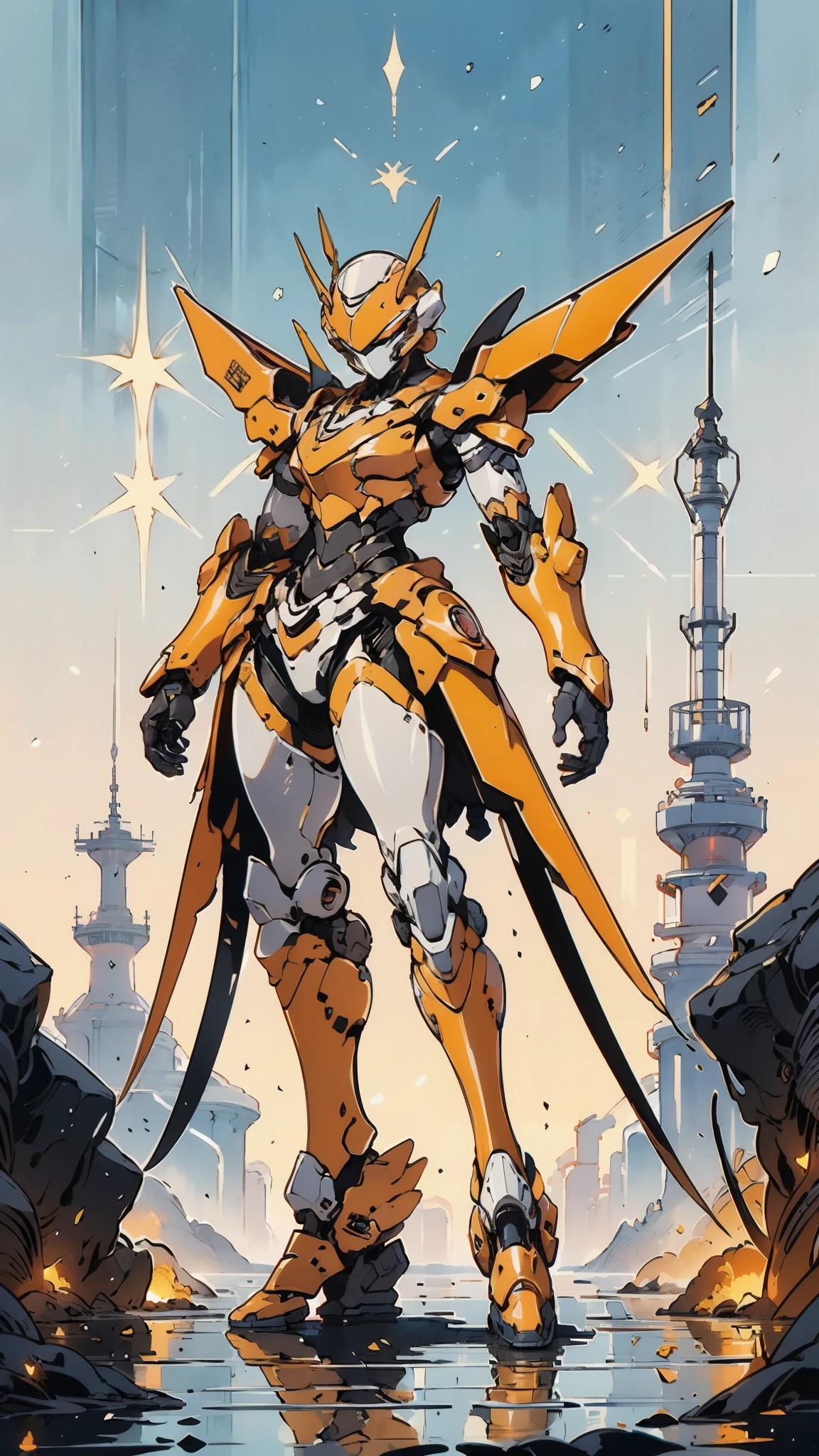 A woman adorned in fantasy-style full-body armor, a crown-concept fully enclosed helmet that unveils only her eyes, a composite layered chest plate, fully encompassing shoulder and hand guards, a lightweight waist armor, form-fitting shin guards, the overall design is heavy-duty yet flexible, ((the armor gleams with a golden glow, complemented by red and blue accents)), exhibiting a noble aura, she floats above a fantasy-surreal high-tech city, this character embodies a finely crafted fantasy-surreal style armored hero in anime style, exquisite and mature manga art style, (Queen bee mixed with Spider concept Armor, plasma, blood), ((Element, energy, elegant, goddess, femminine:1.5)), metallic, high definition, best quality, highres, ultra-detailed, ultra-fine painting, extremely delicate, professional, anatomically correct, symmetrical face, extremely detailed eyes and face, high quality eyes, creativity, RAW photo, UHD, 32k, Natural light, cinematic lighting, masterpiece-anatomy-perfect, masterpiece:1.5