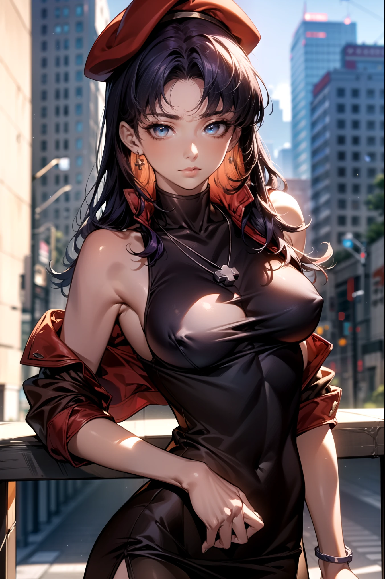 misatokatsuragi, Misato Katsuragi, long hair, (brown eyes:1.5), blue hair, purple hair,
break hat, dress, bare shoulders, jewelry, Jacket, earrings, open clothes, No sleeve, necklace, black dress, open Jacket, No sleeve dress, beret, short dress, cross, red hat, red Jacket, cross necklace, break looking at viewer,
break outdoors, city,
break (masterpiece:1.2), highest quality, High resolution, unity 8k wallpaper, (figure:0.8), (detailed and beautiful eyes:1.6), highly detailed face, perfect lighting, Very detailed CG, (perfect hands, perfect anatomy), ((NFSW:1.3))